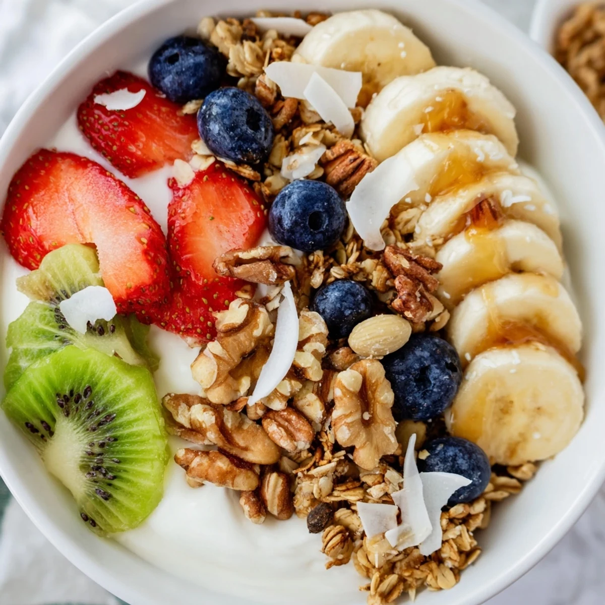 A close view of a nutritious healthy breakfast bowl shows blueberries, kiwi slices, and almonds for a vibrant morning meal.