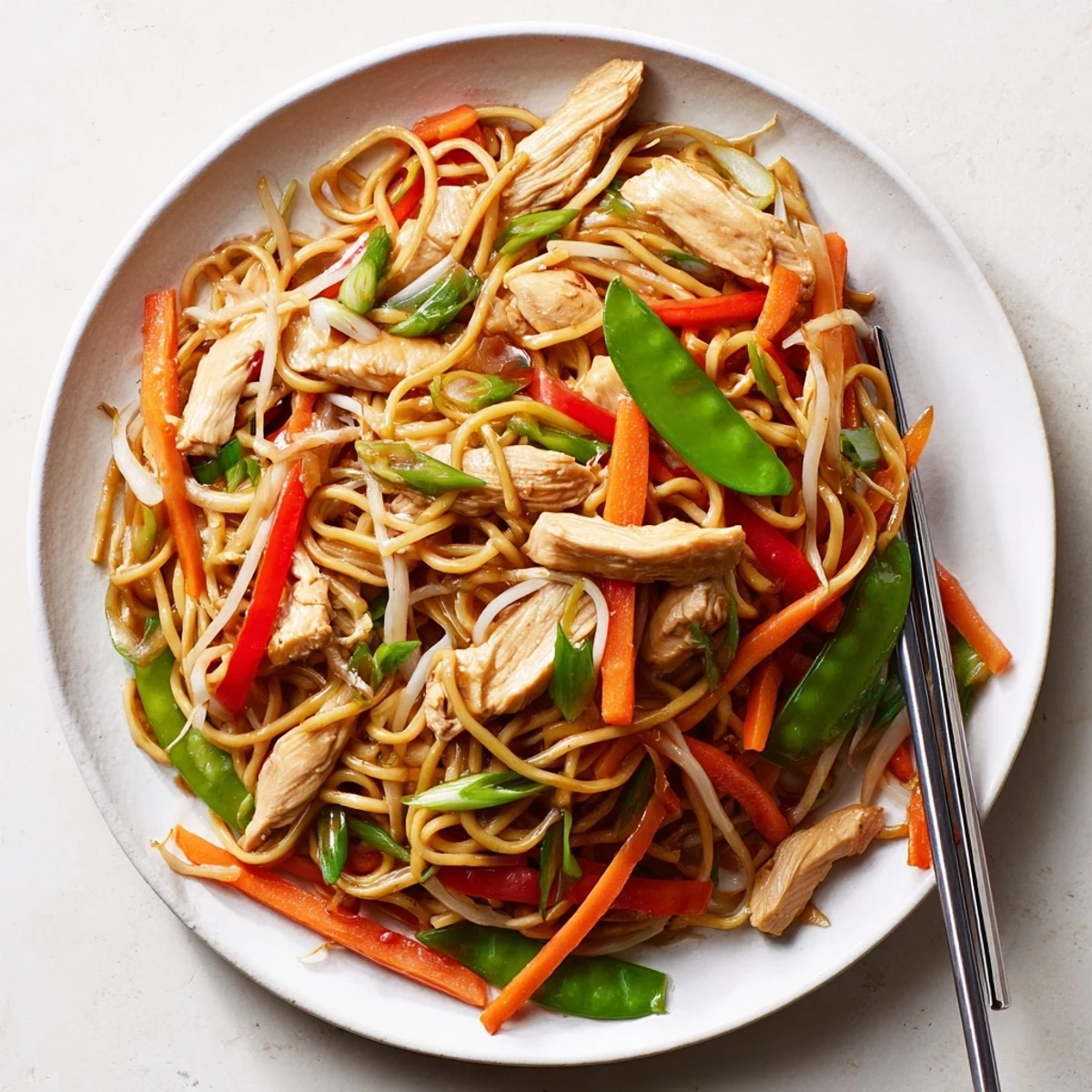 A close-up of homemade Chicken Chow Mein with tender chicken, crunchy bean sprouts, and colorful vegetables in a glossy sauce.  