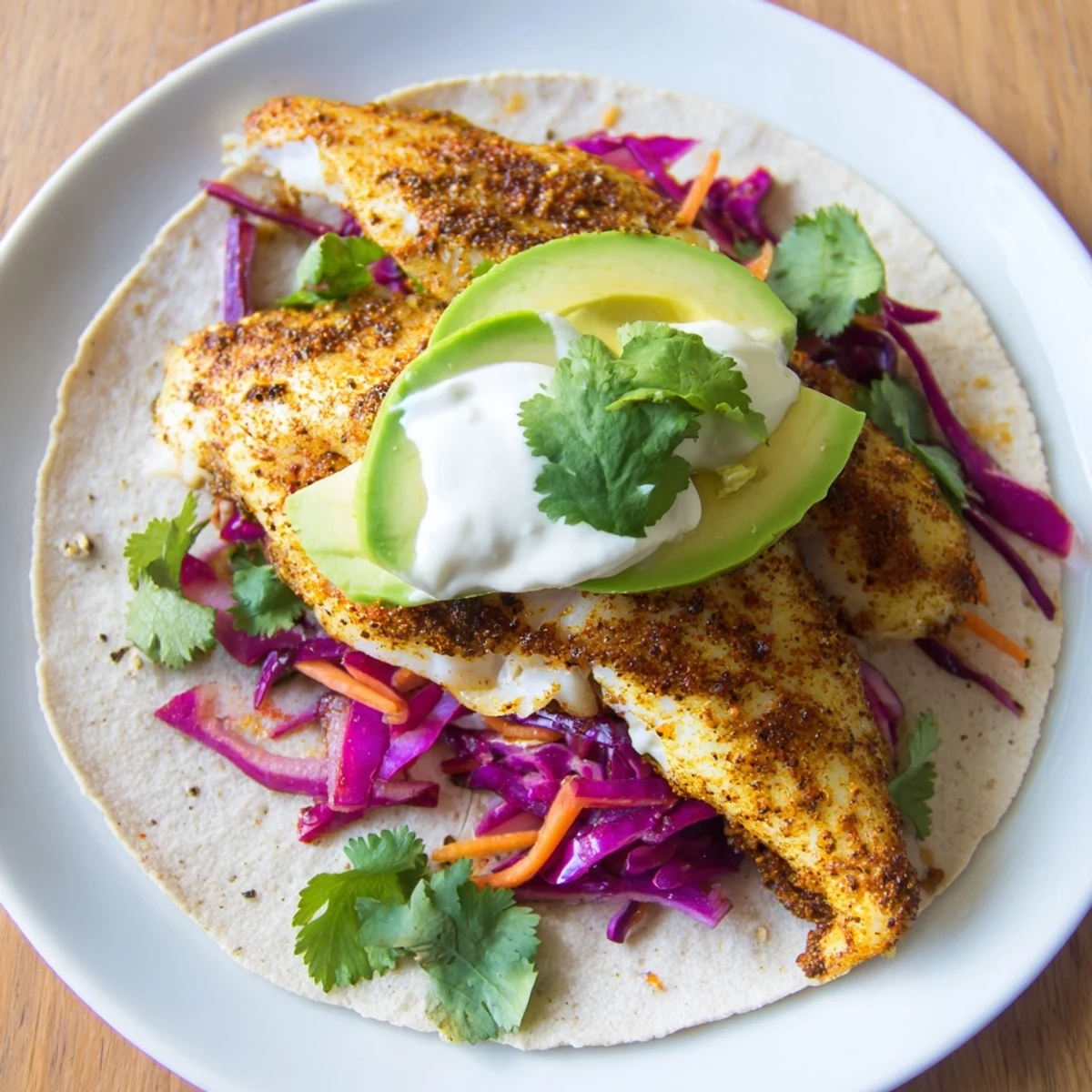 Soft corn tortillas holding Easy As Aussie Barra Tacos topped with vibrant purple slaw, avocado, and a dollop of cool sour cream.