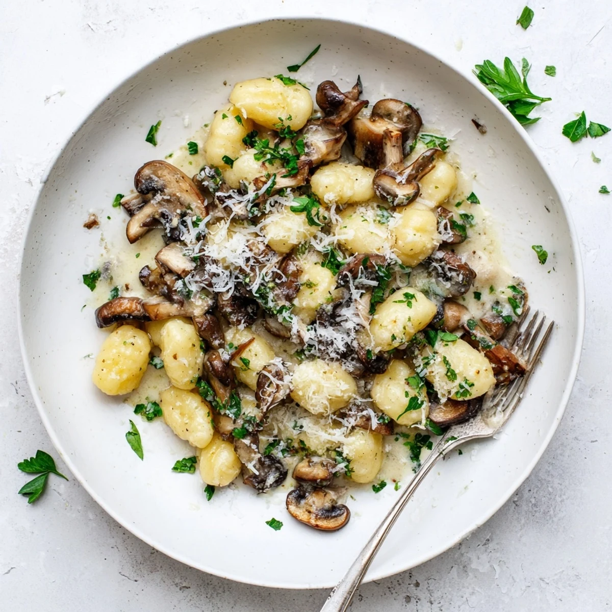 Soft gnocchi pieces coated in a velvety mushroom cream sauce with sautéed mushrooms and herbs on a white dinner plate.