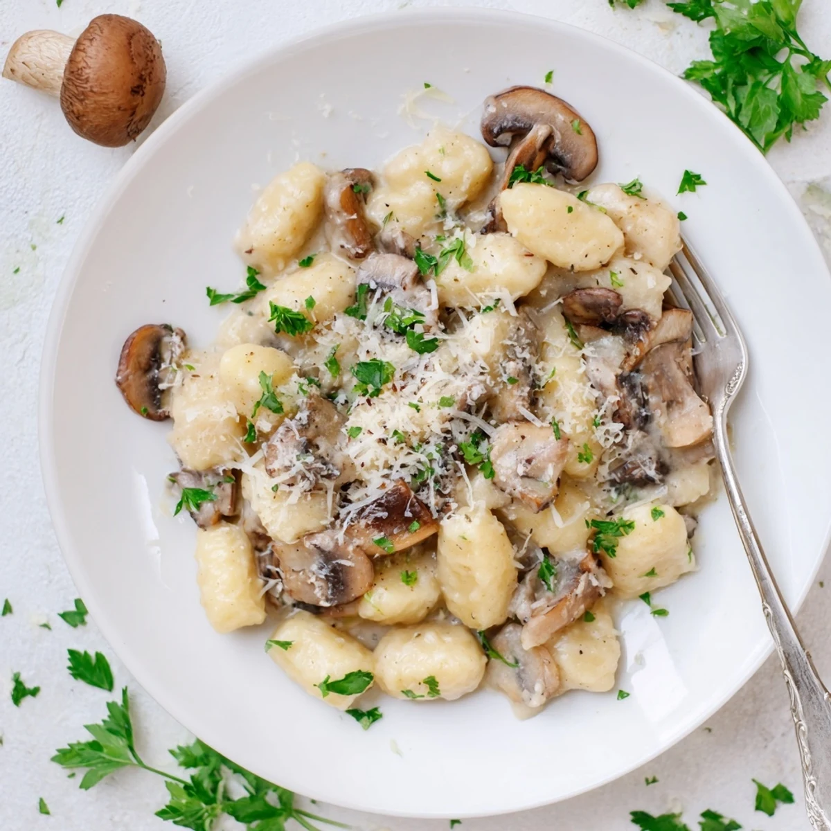 Hearty vegetarian Creamy Mushroom Gnocchi dinner, steaming and aromatic, ready to be enjoyed with a glass of white wine.