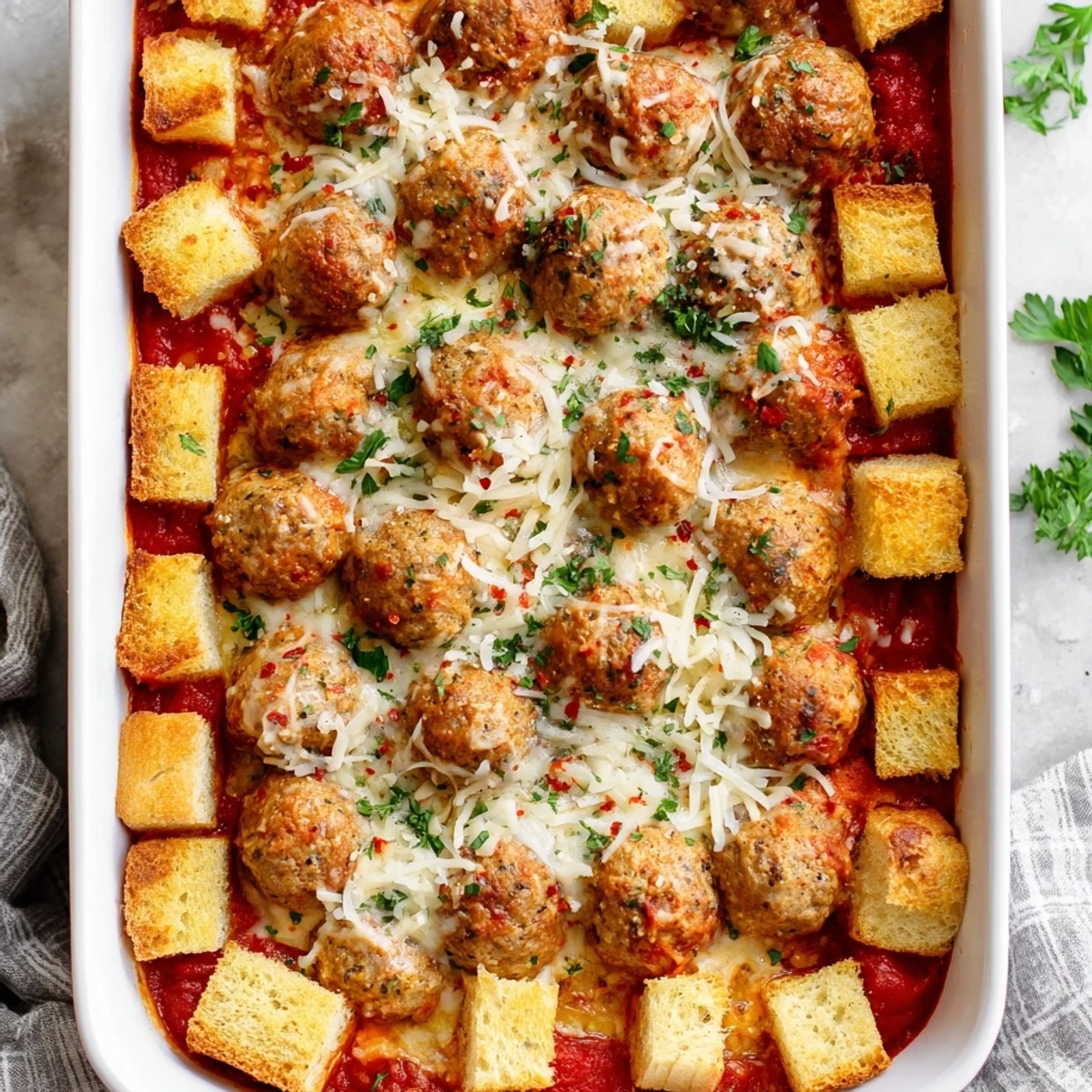Golden, bubbly Turkey Meatball and Garlic Bread Bake in a 9x13 dish, with juicy meatballs in rich tomato sauce and toasted cheesy bread cubes.