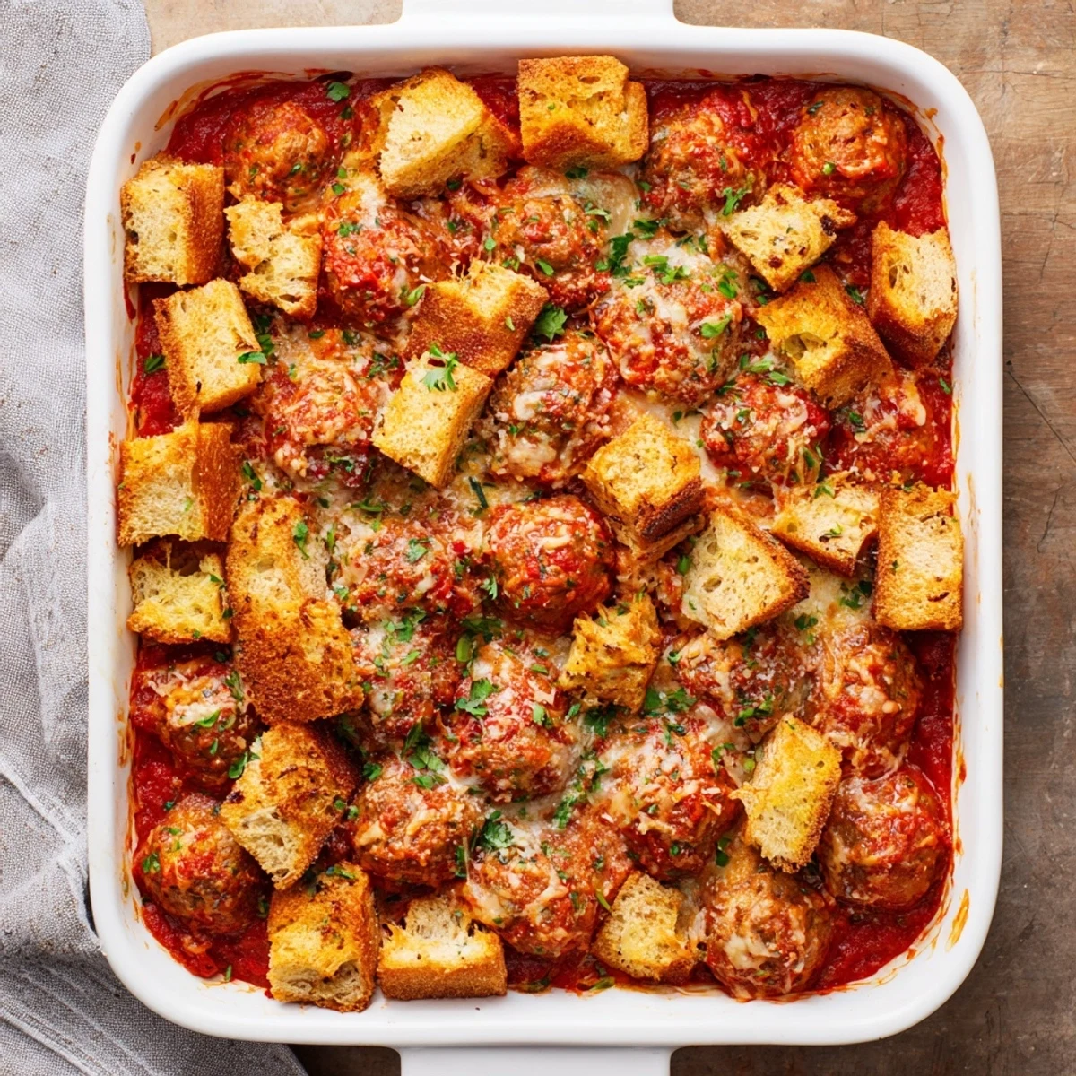 Family-style Turkey Meatball and Garlic Bread Bake bubbling from the oven, showcasing tender turkey meatballs and savory garlic bread on a bed of marinara.