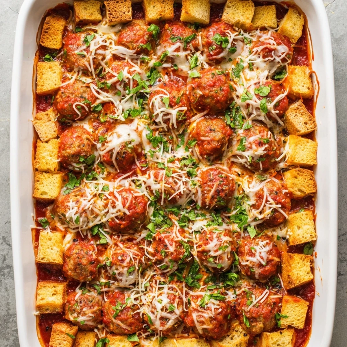 Freshly baked Turkey Meatball and Garlic Bread Bake casserole ready to serve, featuring golden garlic bread topping and melted mozzarella and Parmesan cheese.