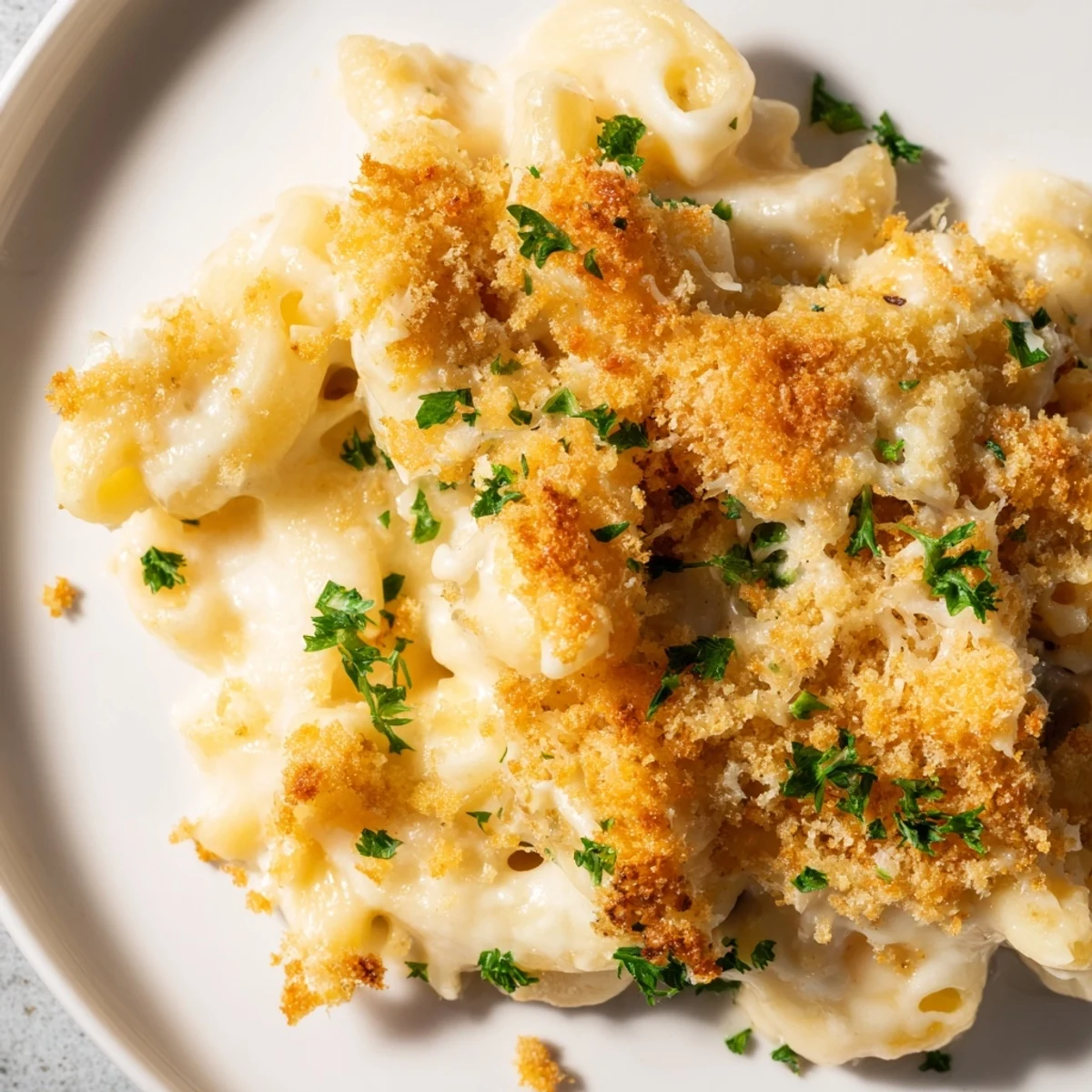 Golden, crispy panko topping covers creamy Baked Mac and Cheese in a baking dish.