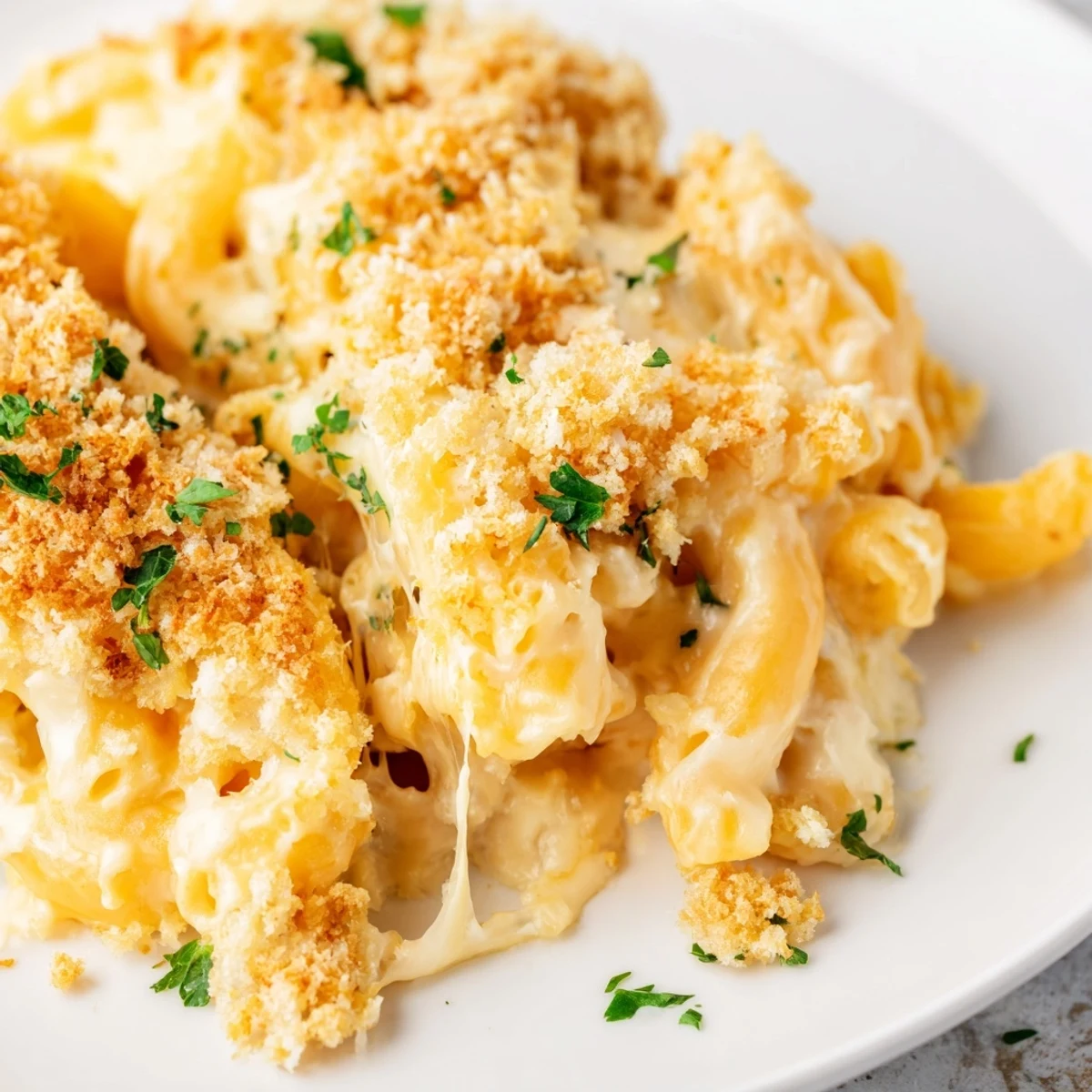 Spoon lifting a cheesy serving of Baked Mac and Cheese from the baking dish.