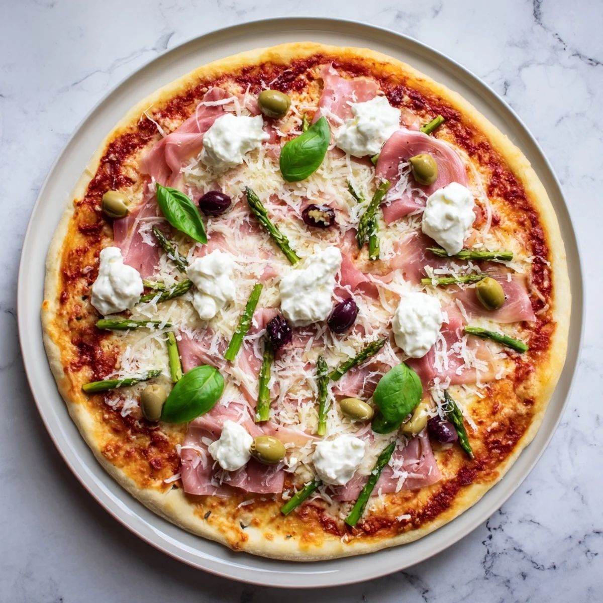 Sliced Ham, Olive, Asparagus, and Ricotta Pizza served on a white plate, showcasing melted mozzarella and colorful vegetable toppings.