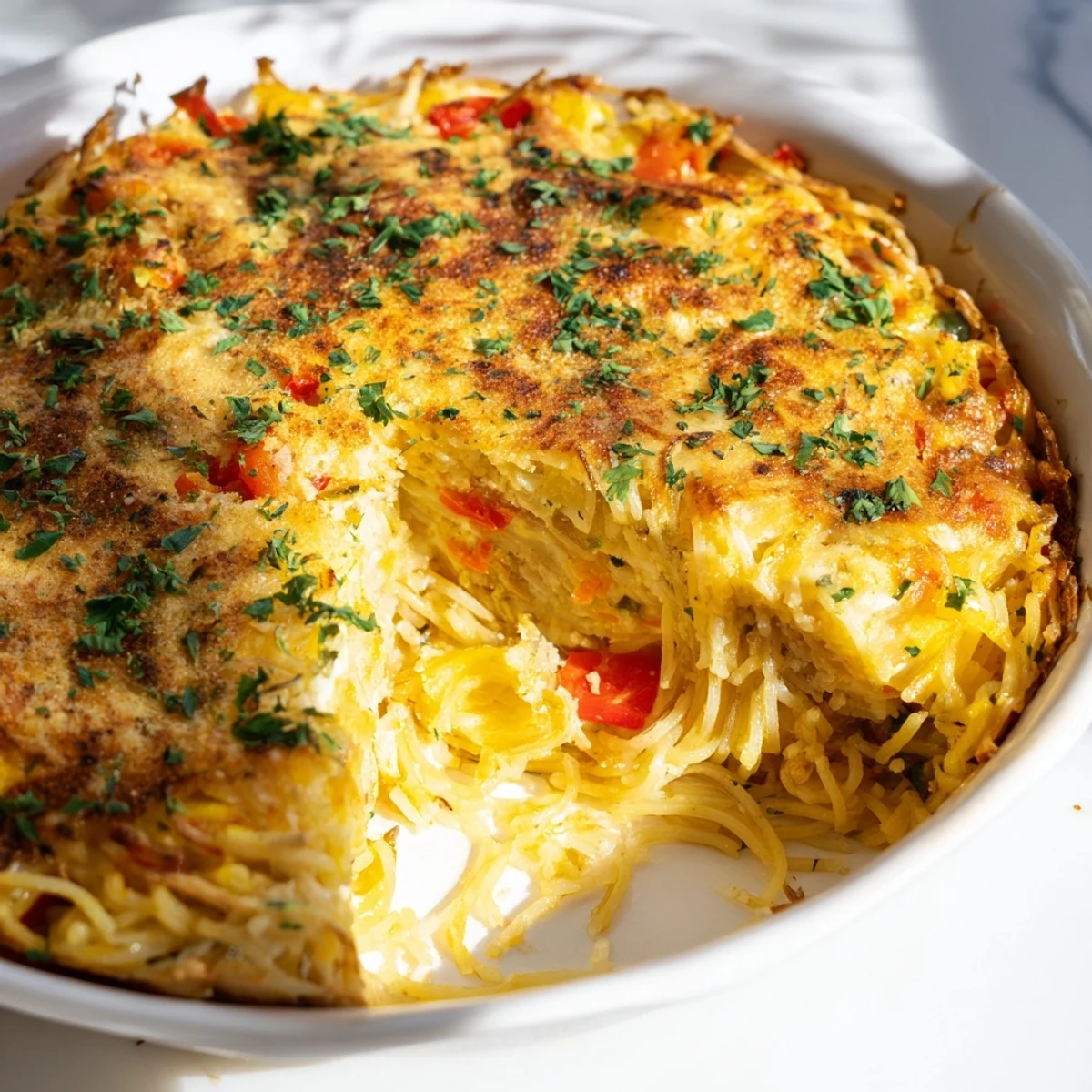 A close-up of Impossible Pasta Pie shows spaghetti strands in a cheesy egg custard, baked to perfection with herbs and red pepper flakes.