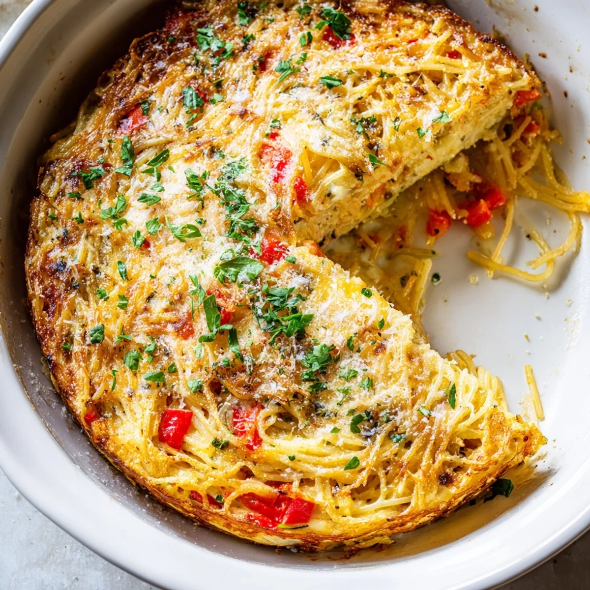 Golden-brown Impossible Pasta Pie slices rest on a white plate, topped with fresh basil and melted mozzarella, perfect for a vegetarian family dinner.
