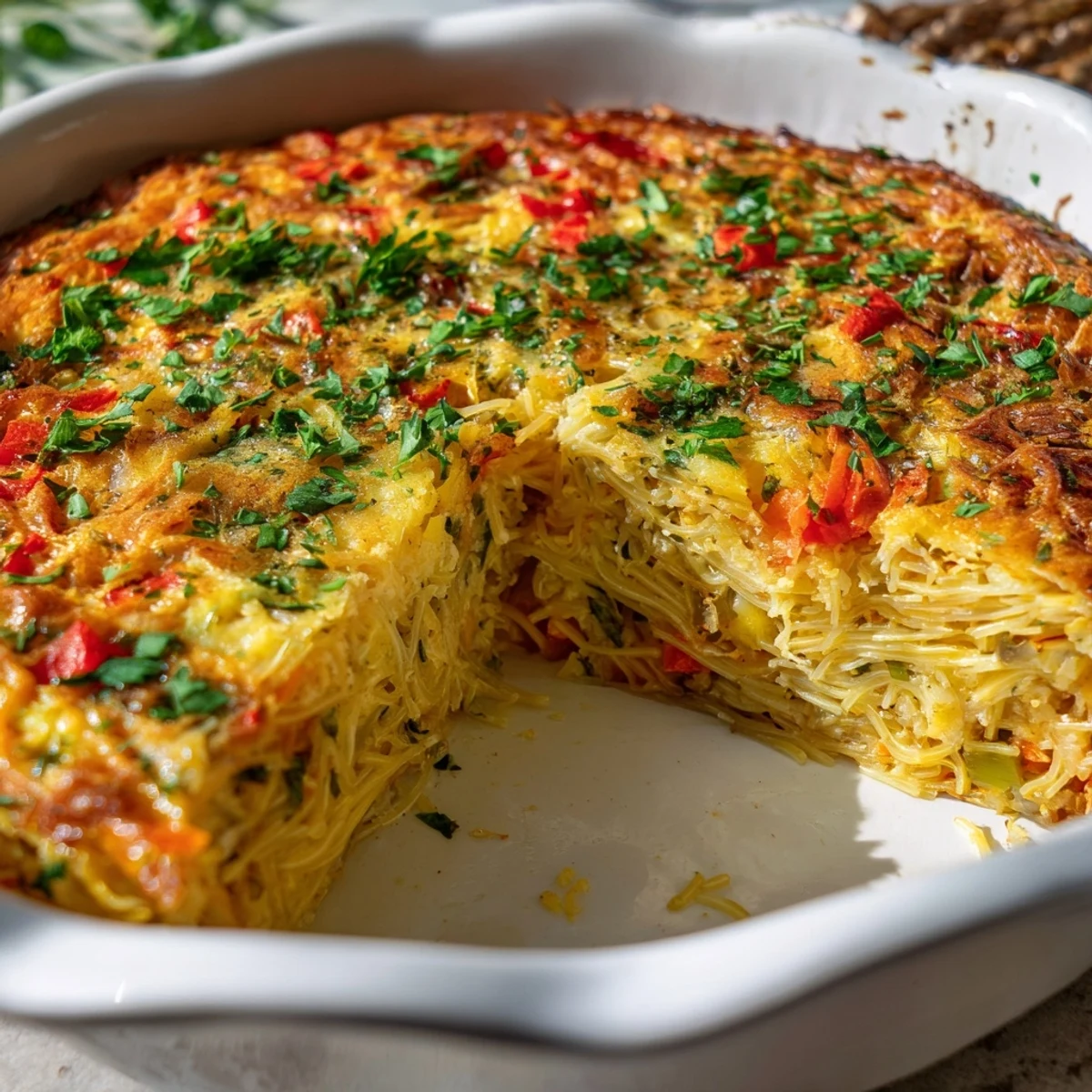 Freshly baked Impossible Pasta Pie with a golden Parmesan crust sits beside a green salad, ready to serve six people at a potluck.