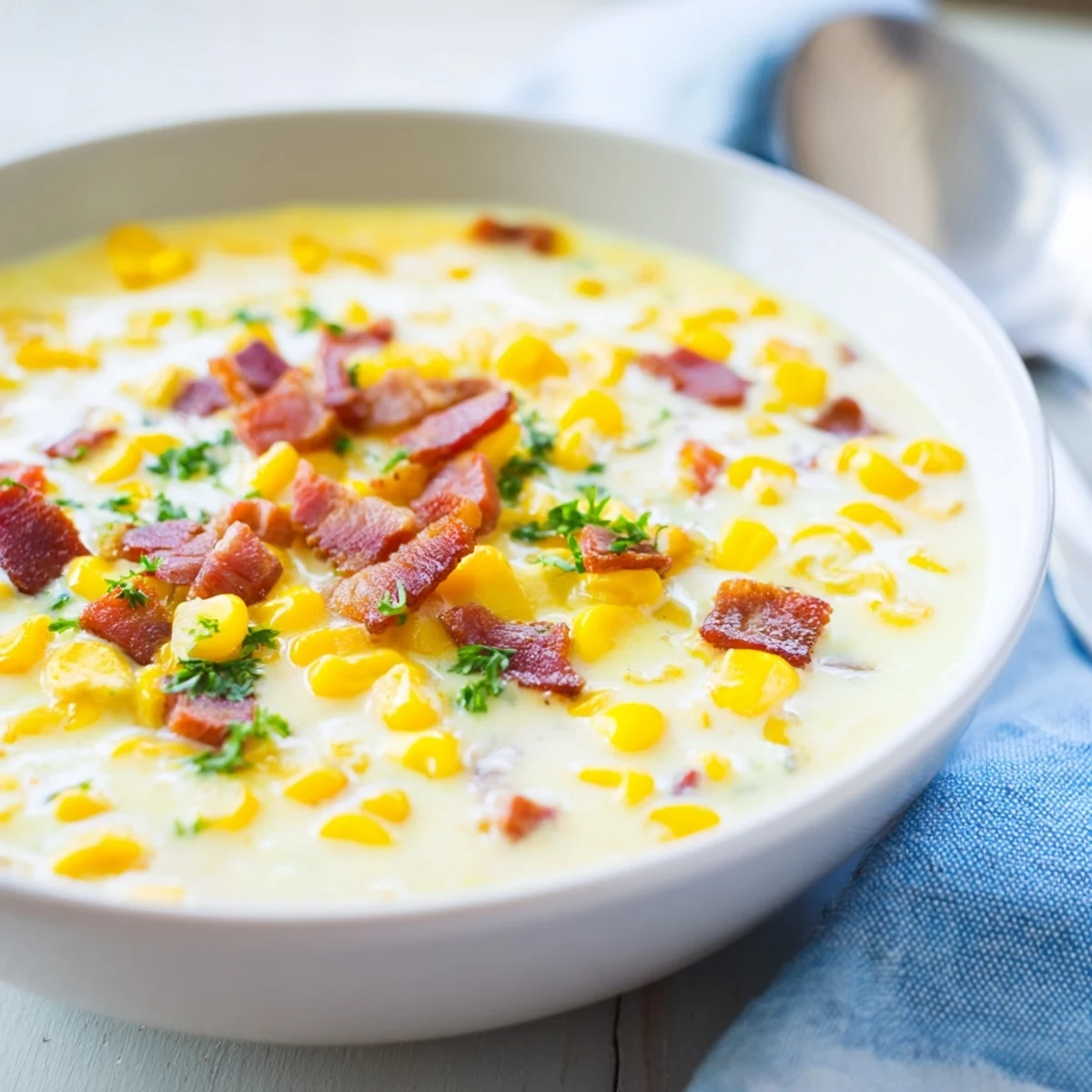 Crispy bacon and sweet corn swirl in a warm bowl of Hot Yoghurt Soup with Corn, Bacon, and Coriander.