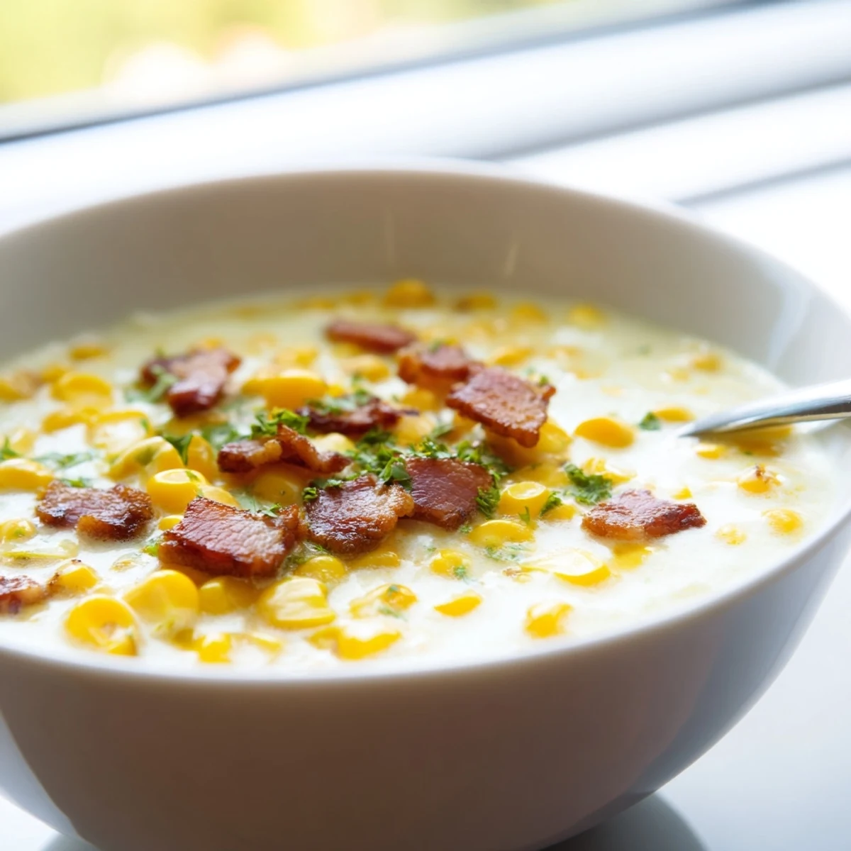 A close-up of creamy Hot Yoghurt Soup with Corn, Bacon, and Coriander garnished with fresh cilantro and bacon bits.
