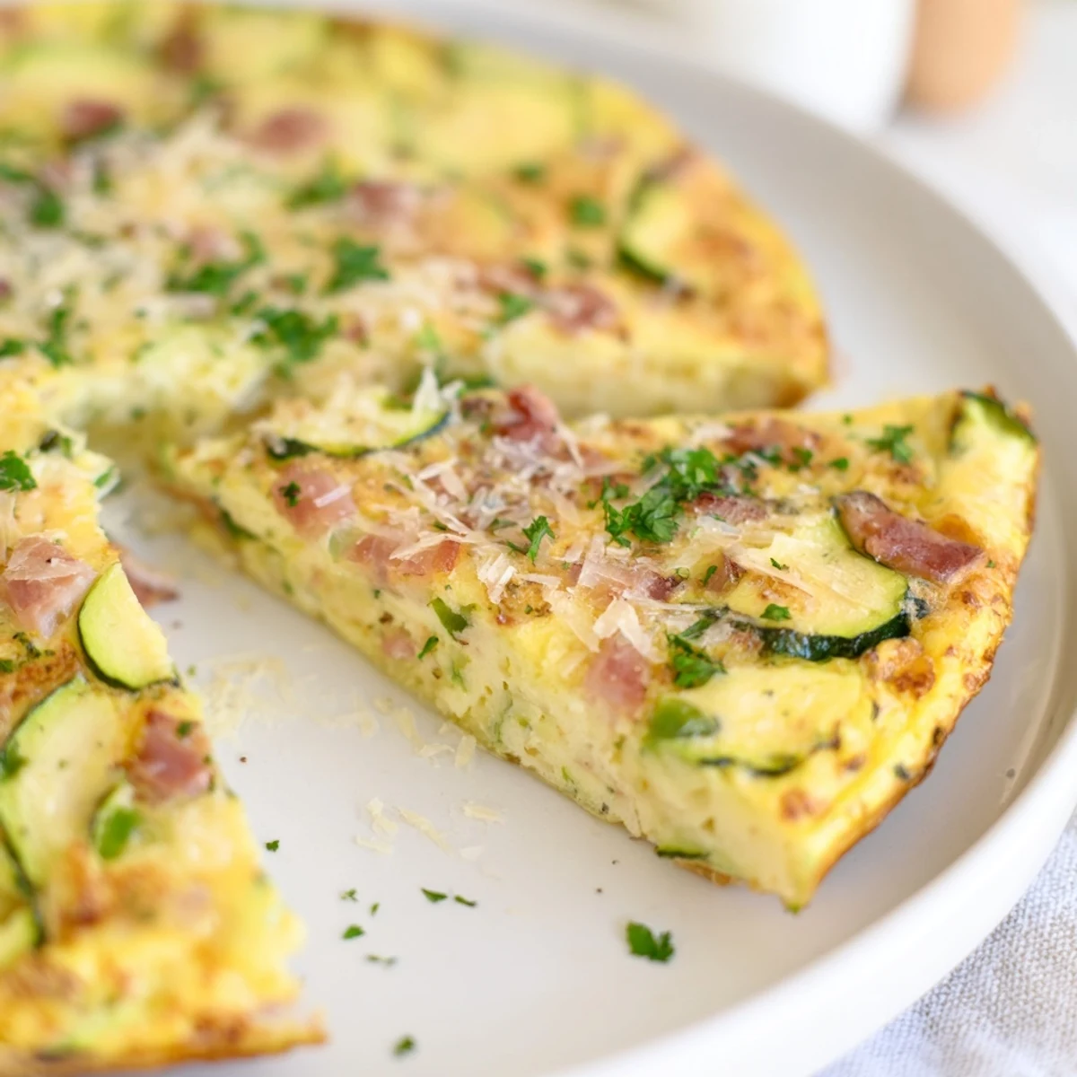 Golden Zucchini Herb and Pancetta Frittata baked in a skillet, featuring a fluffy egg base studded with tender zucchini slices and savory pancetta bits.