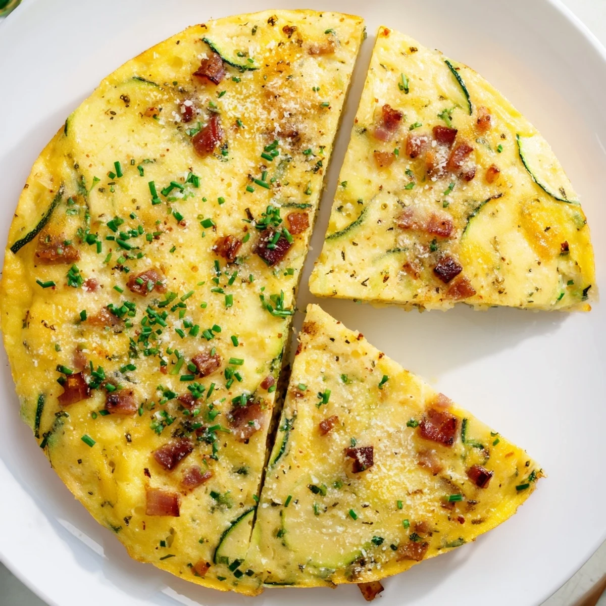 A close-up view of Zucchini Herb and Pancetta Frittata revealing crispy pancetta edges and melted Parmesan cheese, ideal for a hearty lunch or light dinner.