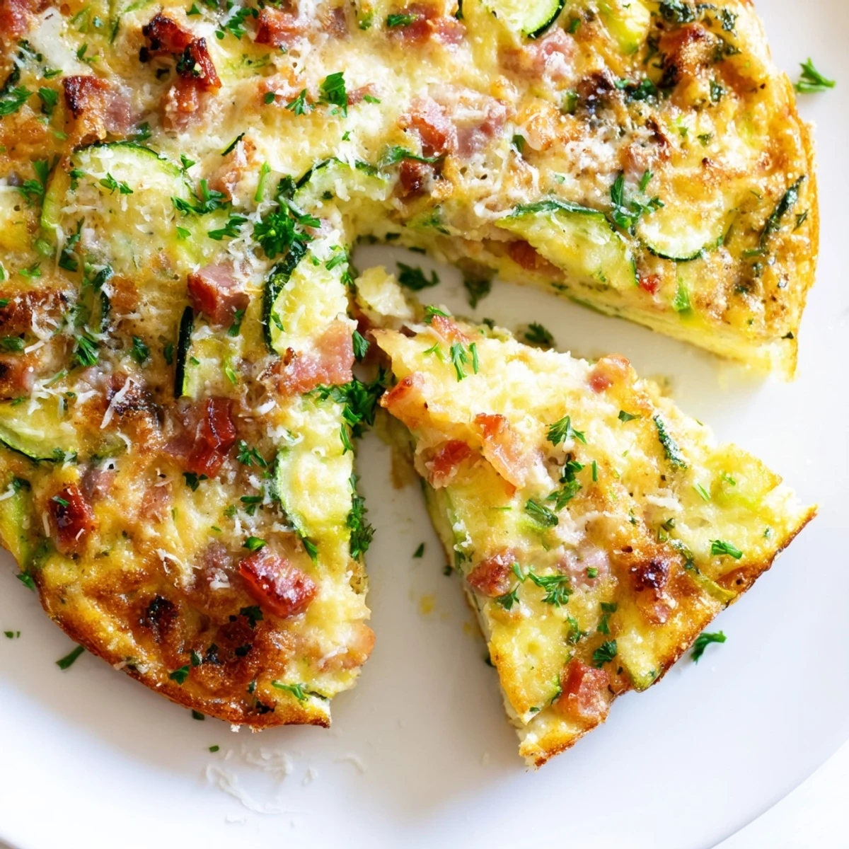 Zucchini Herb and Pancetta Frittata served warm on a white plate, garnished with fresh herbs, perfect for a quick gluten-free Italian breakfast or brunch.