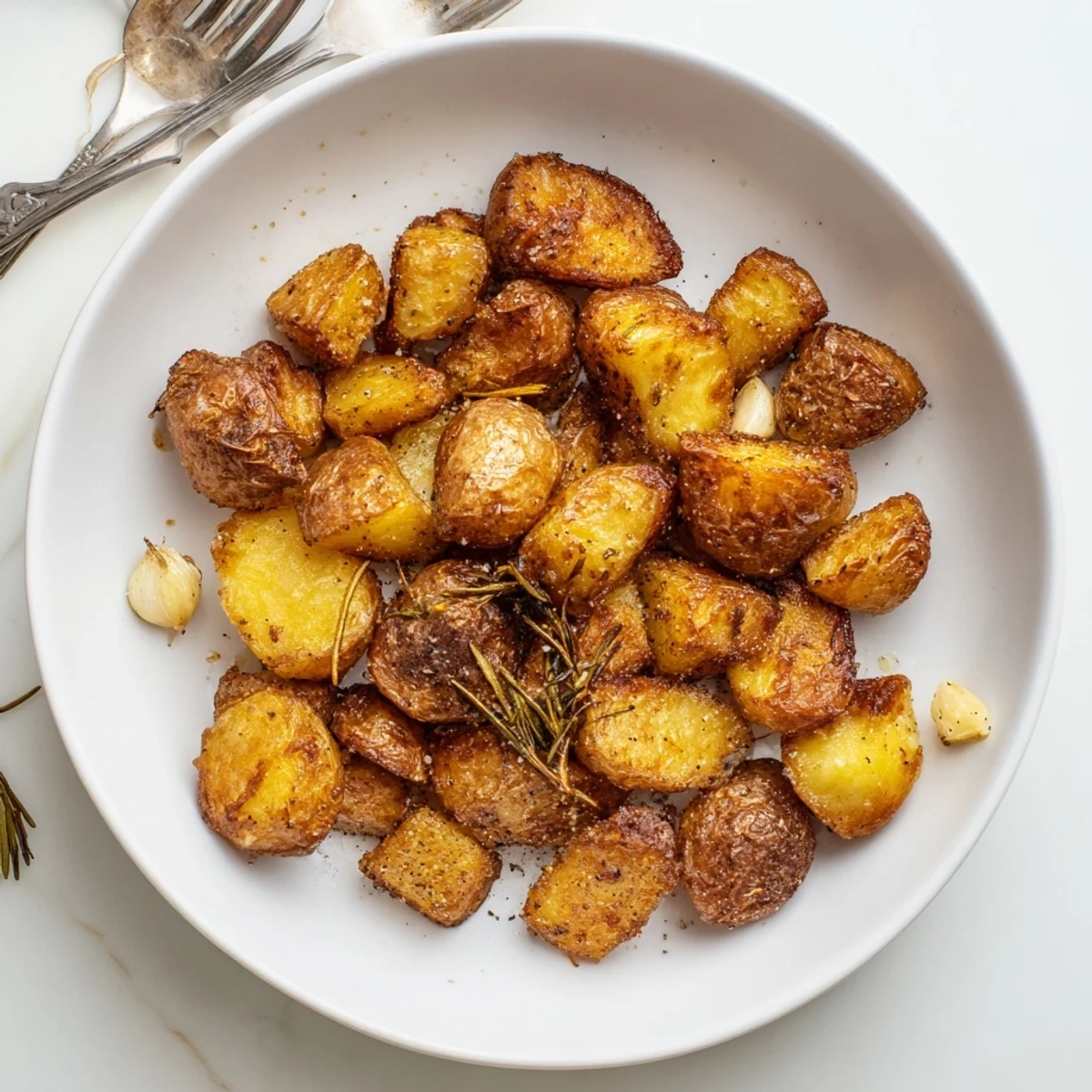 Golden brown Perfect Crispy Roast potatoes are plated on a rustic wooden table.