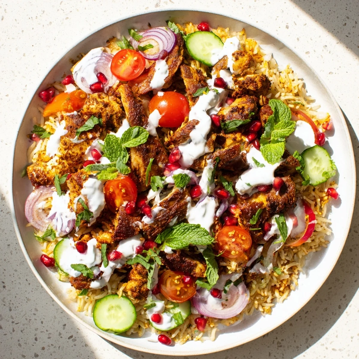 Colorful bowl of Chicken Shawarma Crispy Rice Salad with juicy chicken, crunchy rice, herbs, and creamy yogurt-tahini dressing.
