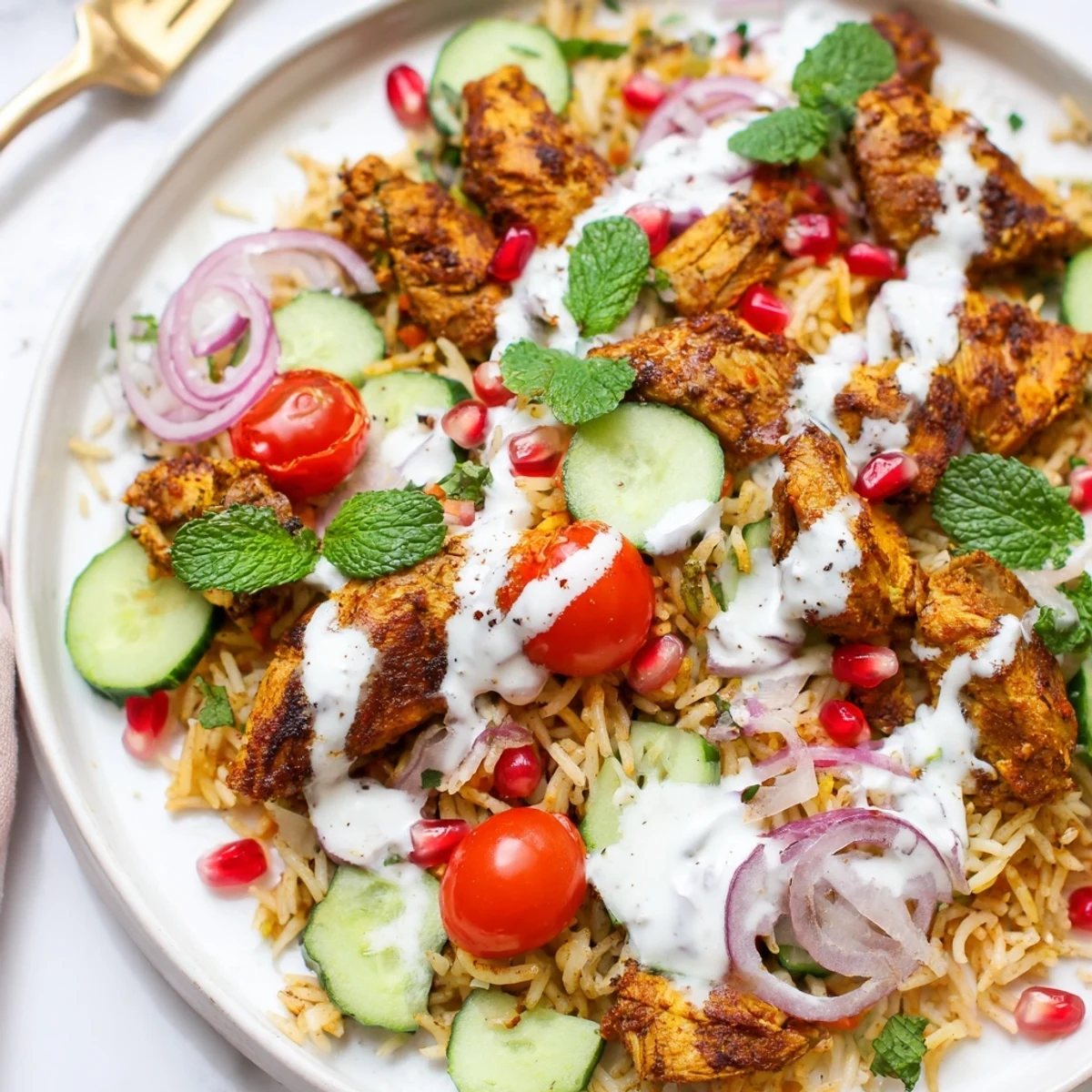 Freshly prepared Chicken Shawarma Crispy Rice Salad featuring warm spices, diced vegetables, pomegranate seeds, and a drizzle of tangy dressing.