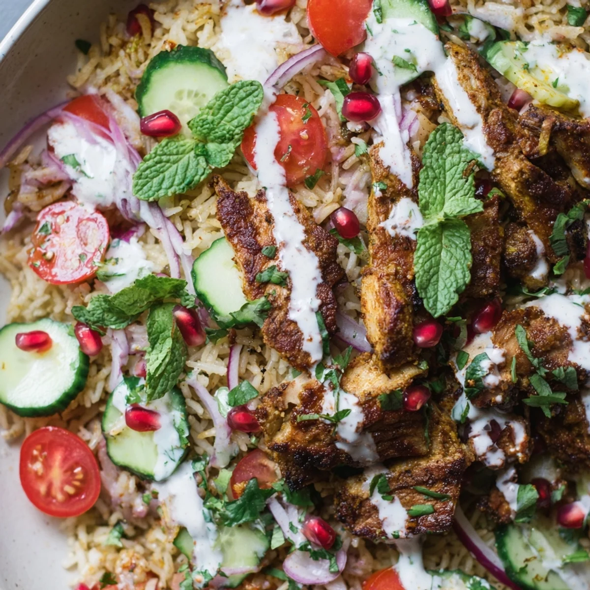 Vibrant Middle Eastern Chicken Shawarma Crispy Rice Salad served as a complete meal, bursting with textures and savory aromas.