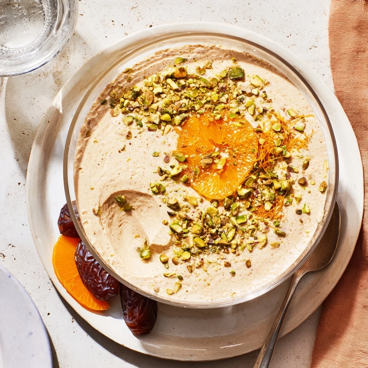 Close-up of Lebanese Date Orange Blossom Mousse in a glass with pistachios, orange zest, and dates.