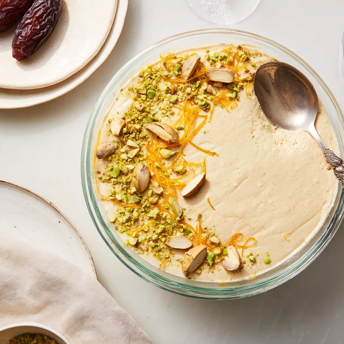 A creamy Lebanese Date Orange Blossom Mousse in dessert glasses with pistachios and orange zest.