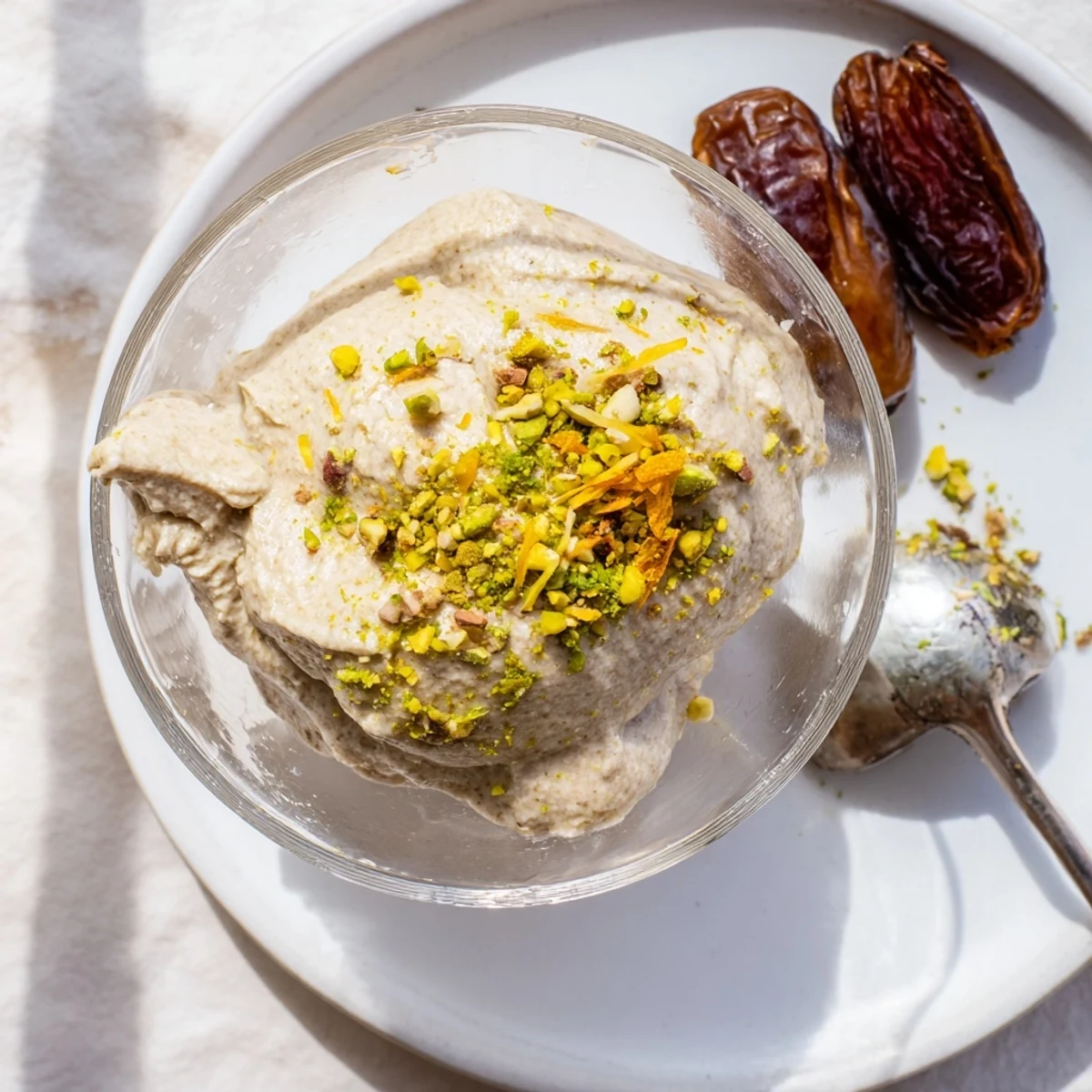 Lebanese Date Orange Blossom Mousse garnished with chopped pistachios and orange zest, ready to serve.