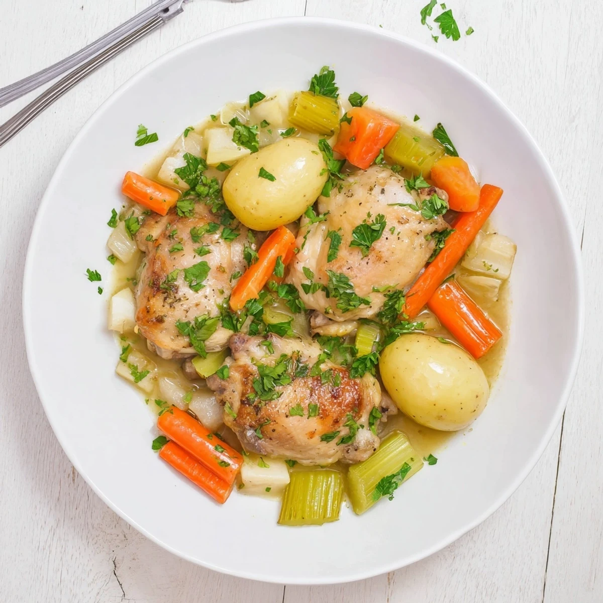 Platter of Healthy Savory Slow Cooker Chicken garnished with parsley, served alongside fluffy quinoa.