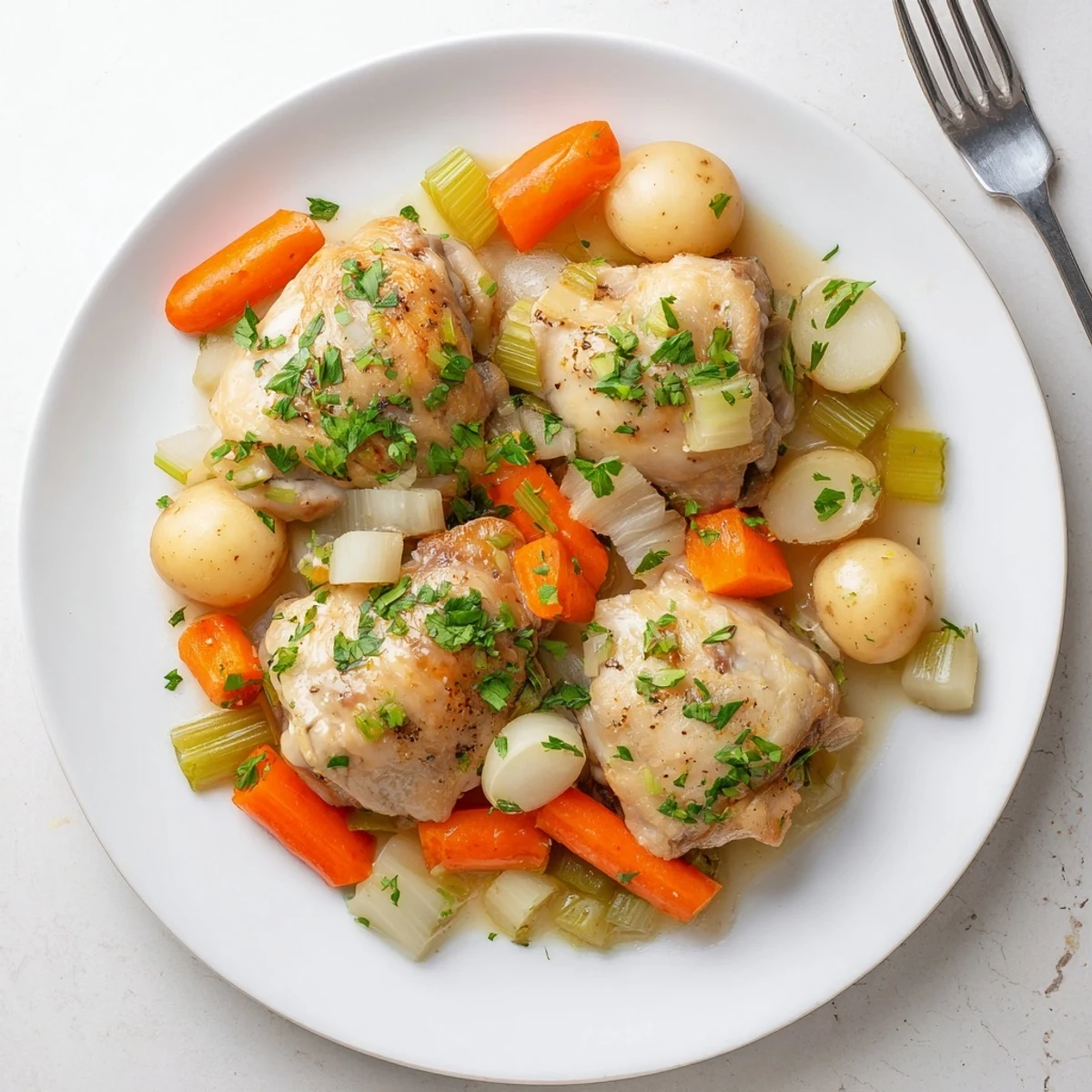 Close-up of Healthy Savory Slow Cooker Chicken revealing juicy meat, potatoes, and herbs in slow cooker.