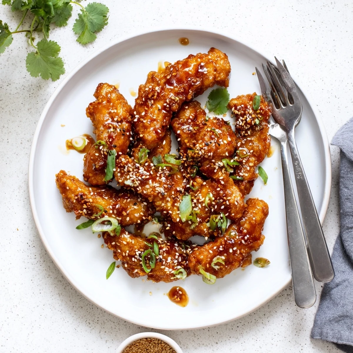 Crispy golden-baked Thai Sticky Chicken Fingers glazed with sweet-spicy sauce and sesame garnish.