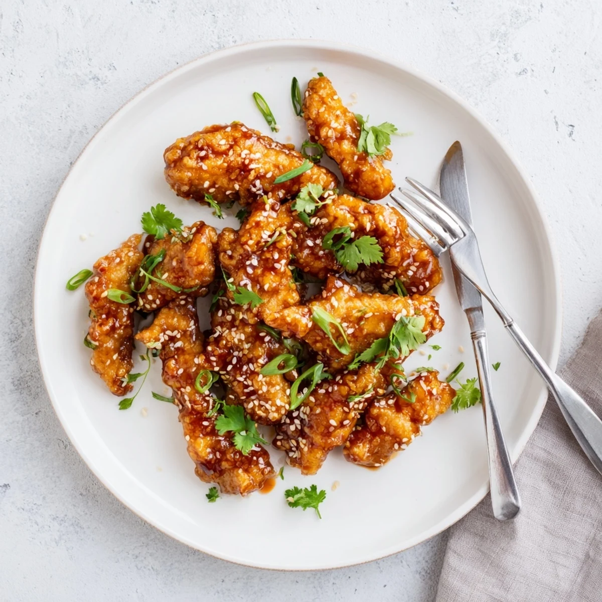 A close-up view of Thai Sticky Chicken Fingers served on a platter with fresh cilantro.
