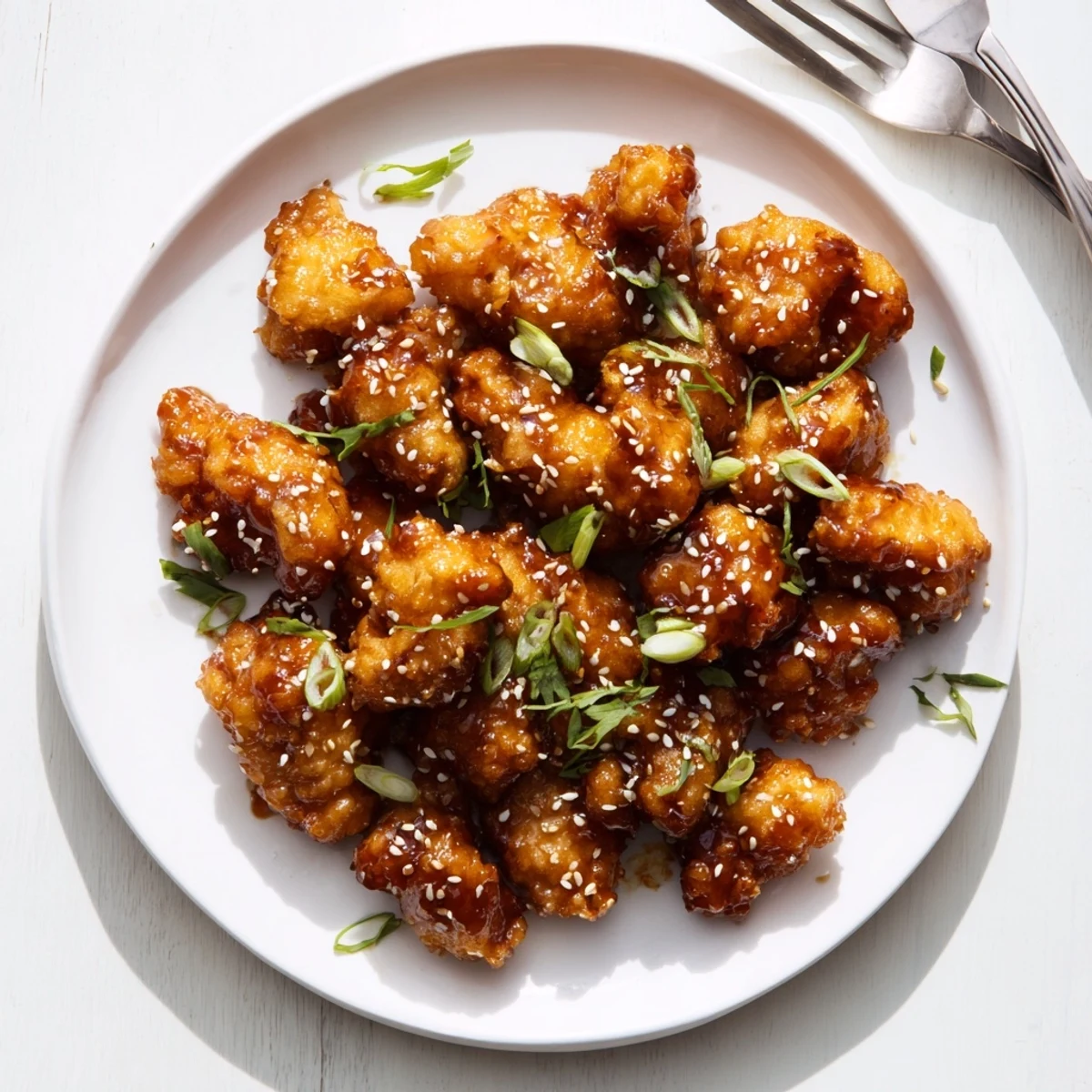 Platter of Thai Sticky Chicken Fingers with spring onions and sesame seeds for dipping.