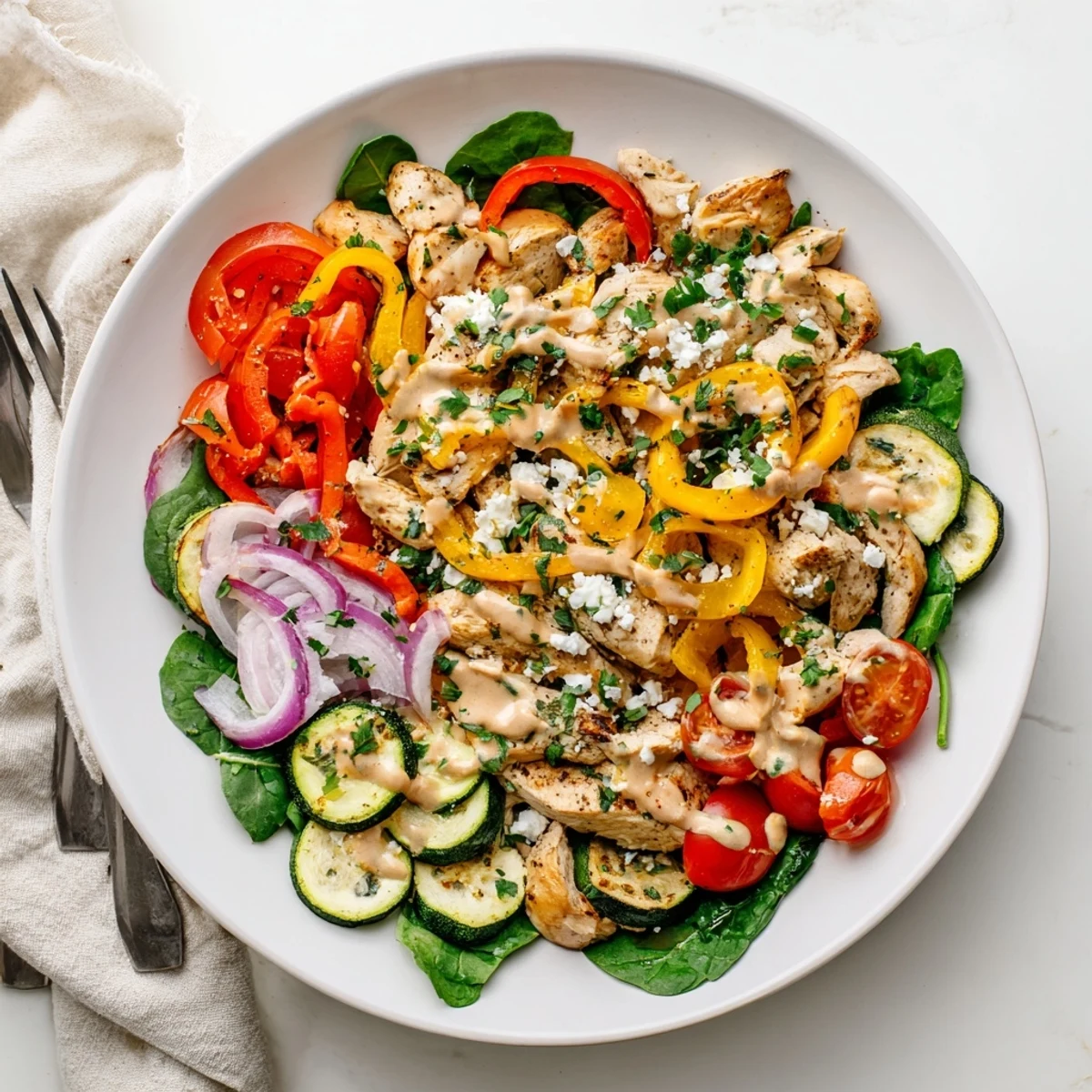 Freshly cooked Mediterranean Chicken Stir Fry with tender chicken, crisp peppers, and wilted spinach in a lemony sauce.