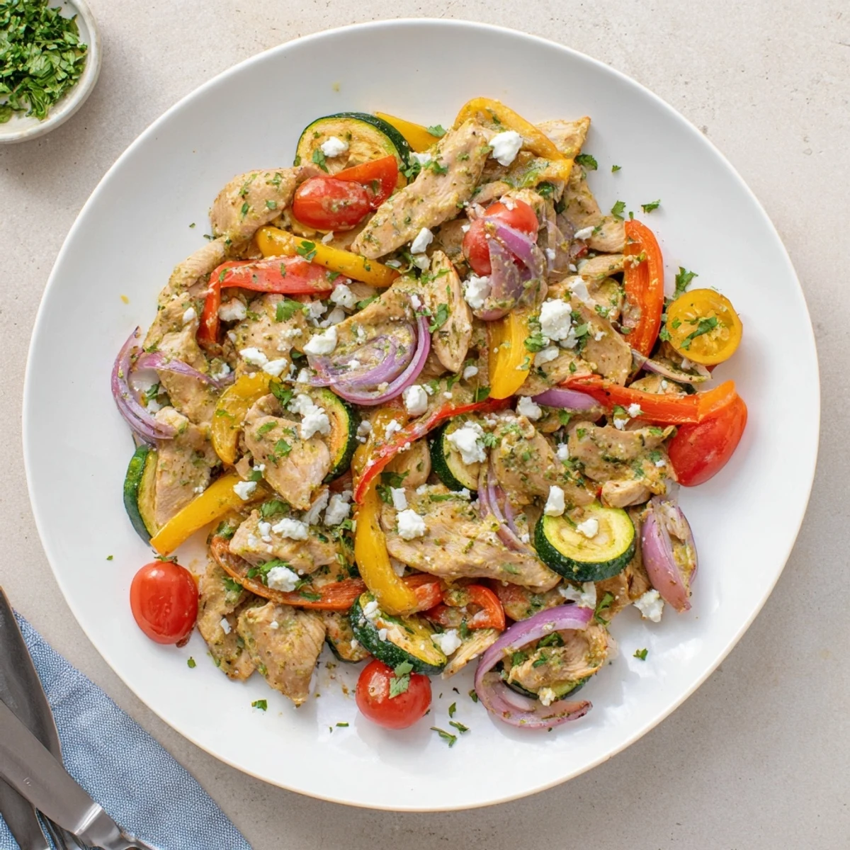 Plated Mediterranean Chicken Stir Fry served over fluffy quinoa with feta crumbles and bright parsley garnish.