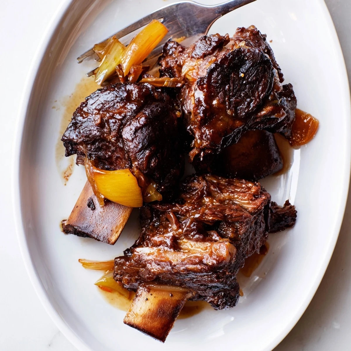 Maple Bourbon Glazed Short Ribs feature fall-off-the-bone texture with a caramelized sauce, perfect alongside roasted root vegetables on a rustic platter.