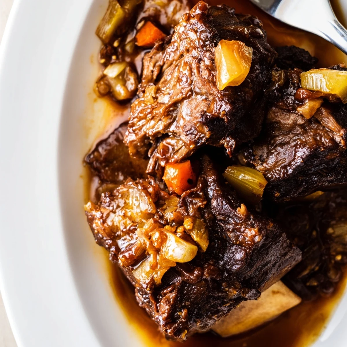 Rich aromas of bourbon and maple fill the air as these Maple Bourbon Glazed Short Ribs simmer, ready to be drizzled with extra sauce.