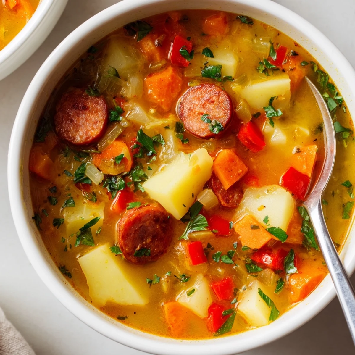 Steaming Spanish Potato Soup with Chorizo in a rustic bowl, garnished with fresh parsley and crisp chorizo slices.