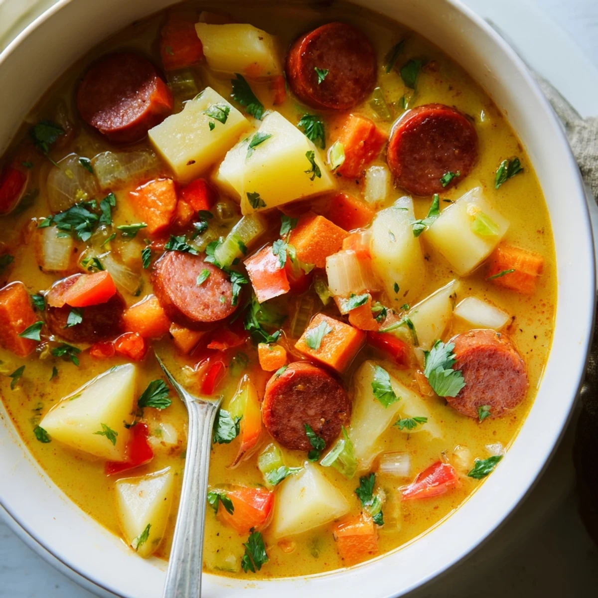 Colorful Spanish Potato Soup with Chorizo served in a ceramic bowl, topped with parsley and ready to enjoy.