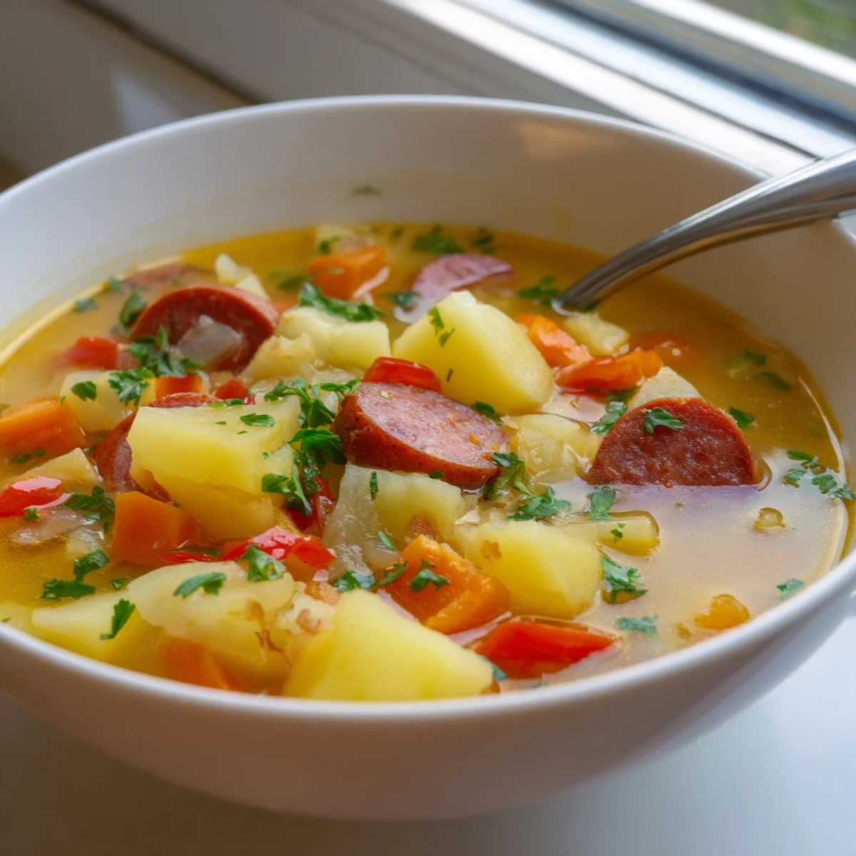 Hearty Spanish Potato Soup with Chorizo simmering in a pot, featuring tender potatoes, carrots, and smoky paprika.
