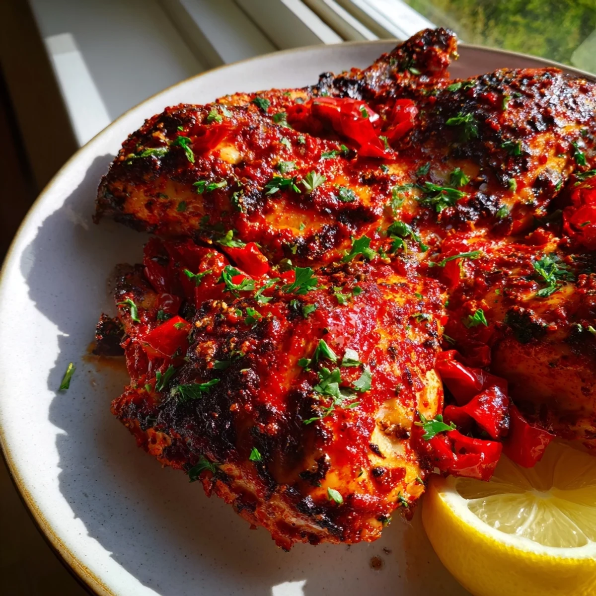 Juicy Peri Peri Chicken Portuguese Style sizzling on the grill with charred edges and fresh parsley garnish.