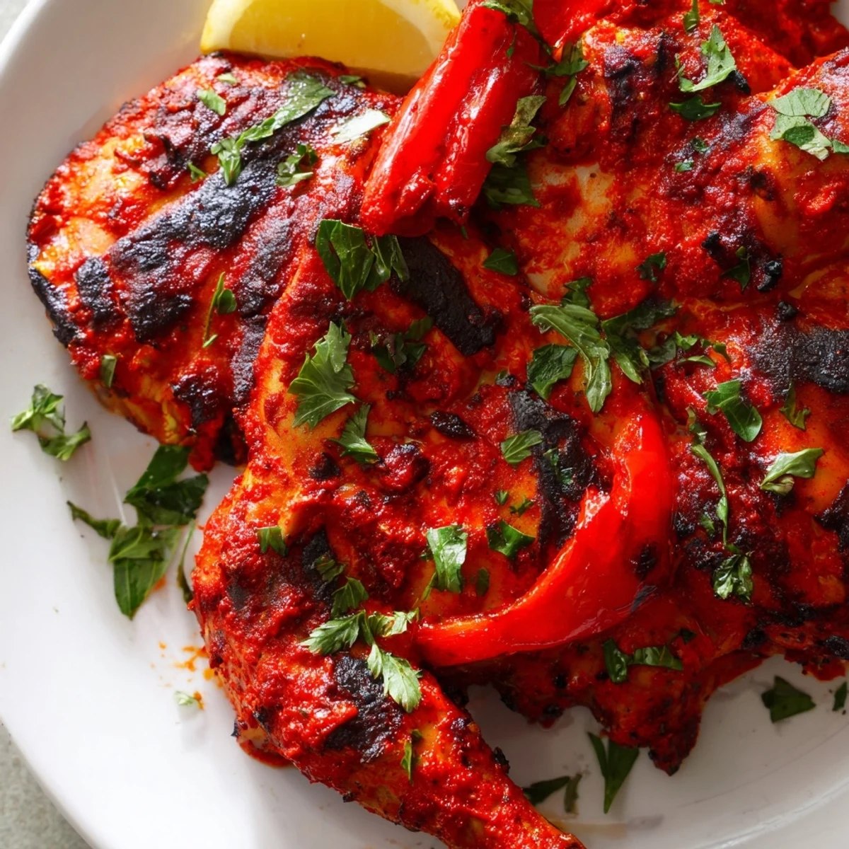 Golden Peri Peri Chicken Portuguese Style plated with lemon wedges and a side of crisp green salad.