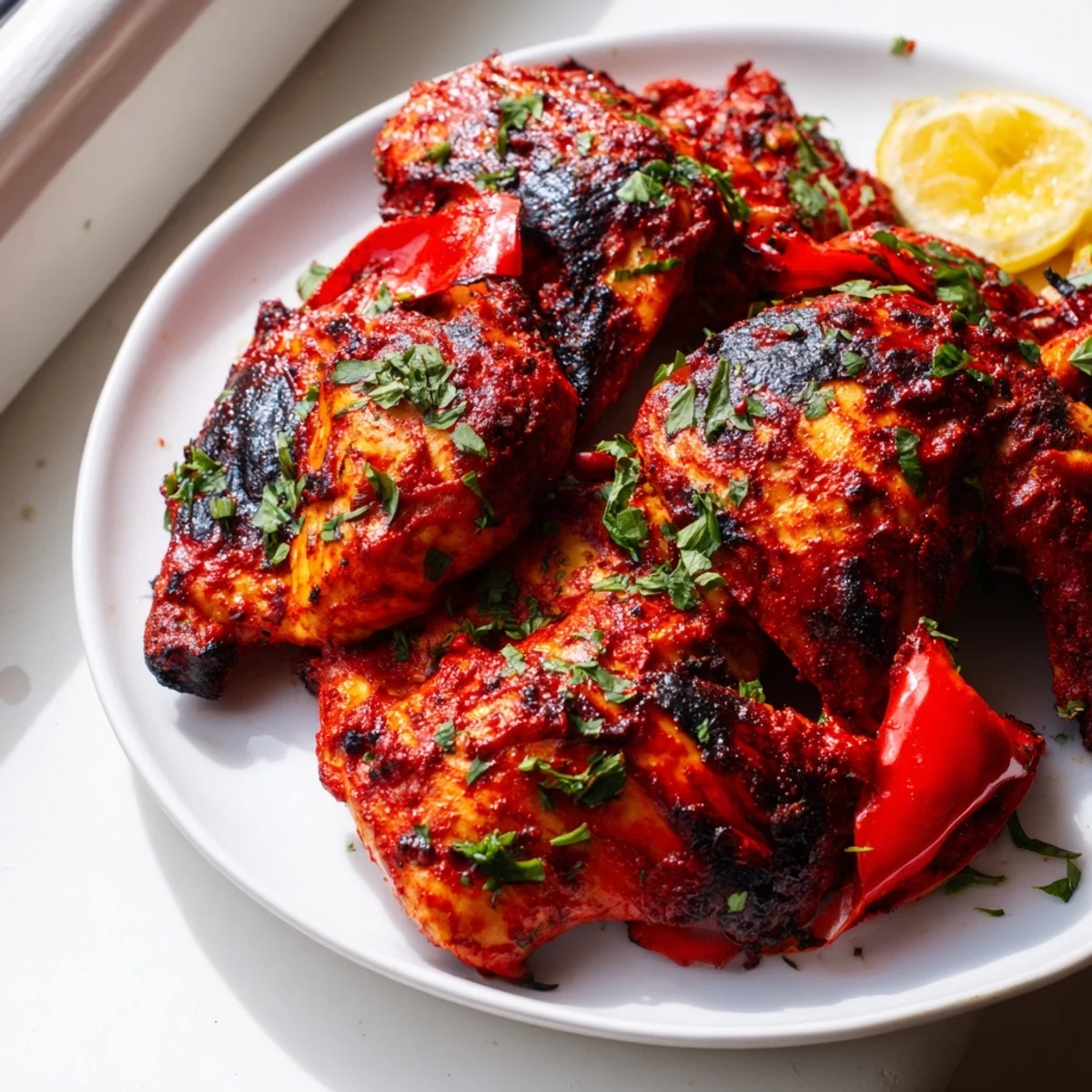 Savory Peri Peri Chicken Portuguese Style resting after roasting, featuring a vibrant red spicy marinade glaze.
