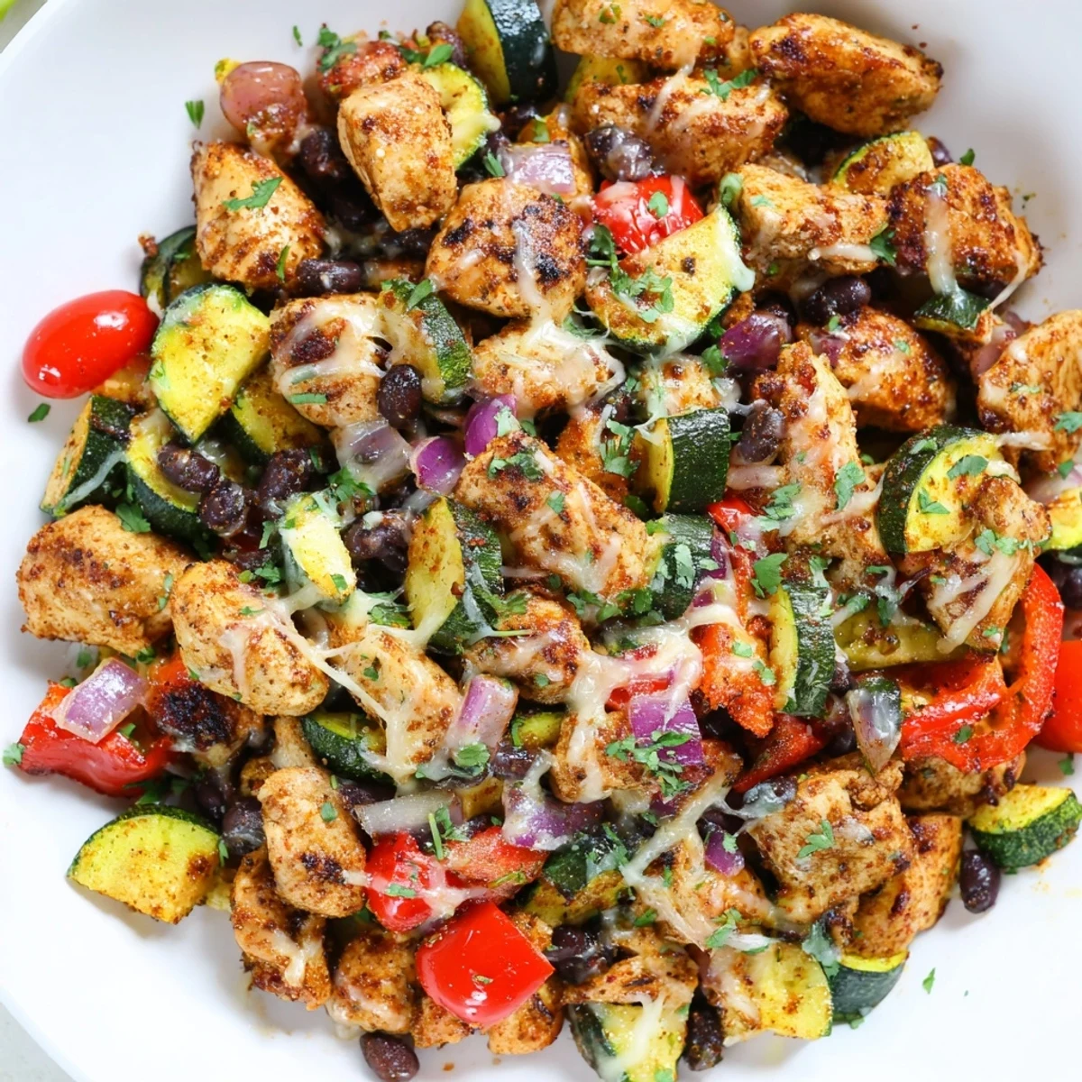 Golden Tex Mex Chicken and Zucchini sizzling in a skillet with melted cheese and fresh cilantro garnish.