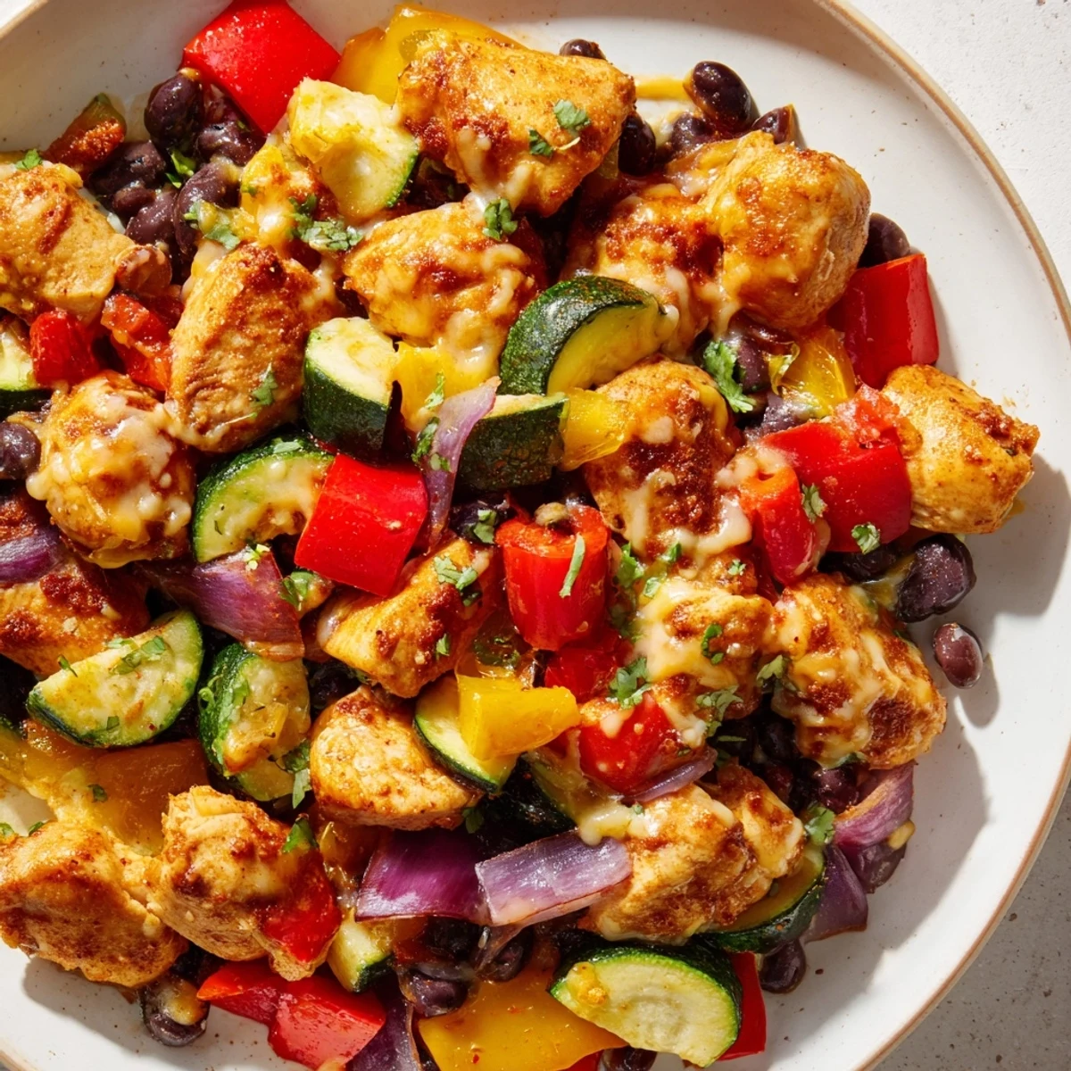 Savory Tex Mex Chicken and Zucchini served in a skillet topped with lime wedges and black beans.