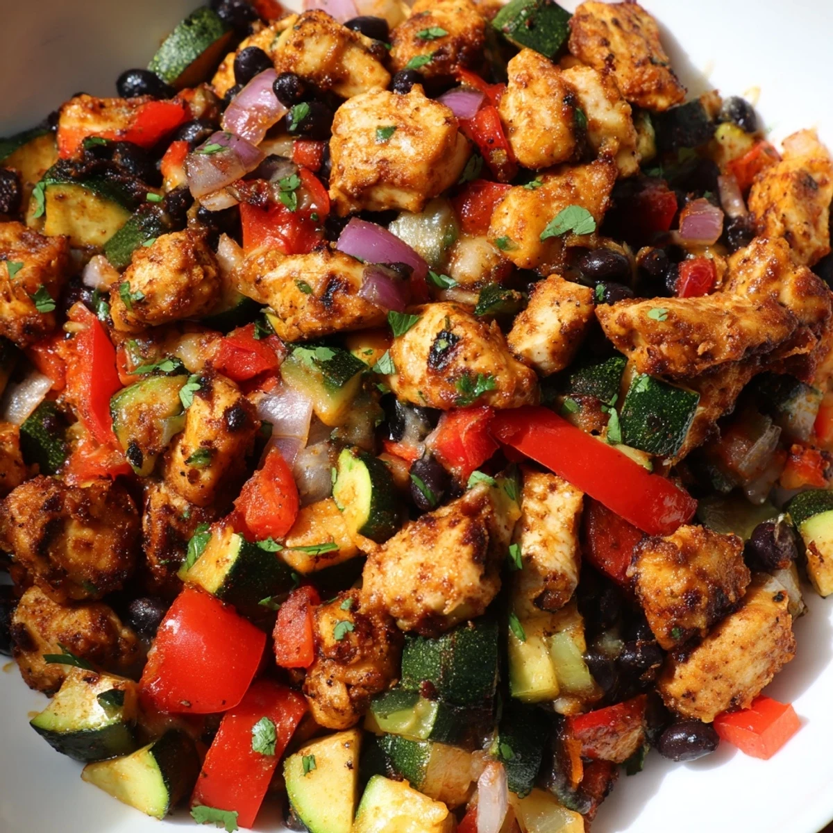 Easy weeknight Tex Mex Chicken and Zucchini plated with sautéed zucchini and juicy chicken in a rustic setting.