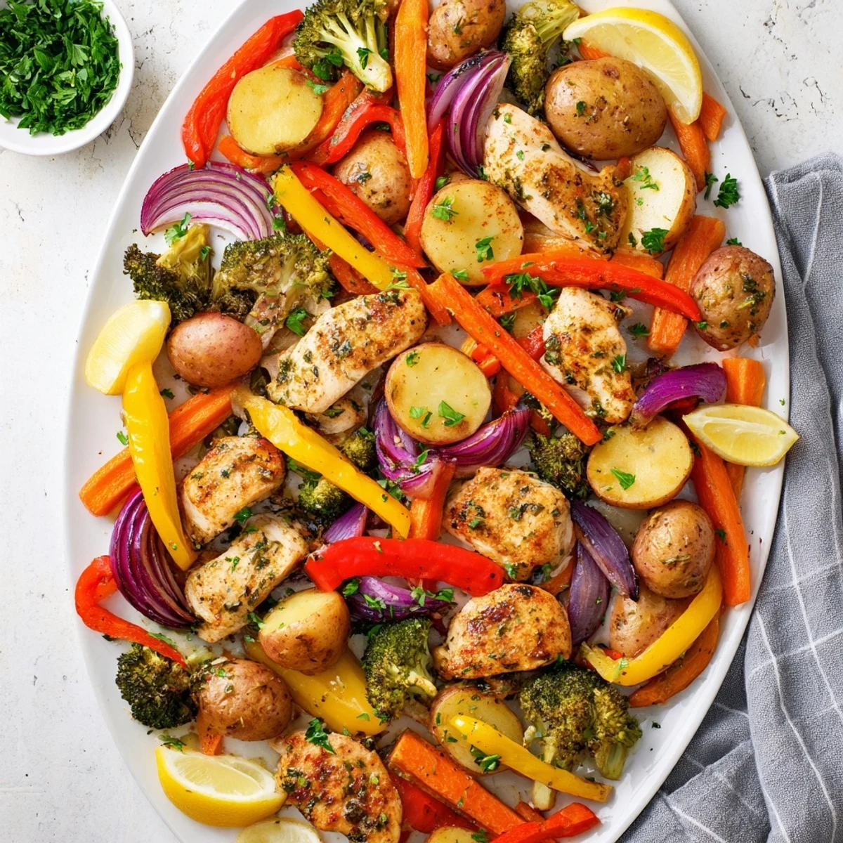 Golden roasted sheet pan lemon herb chicken with colorful vegetables fresh from the oven