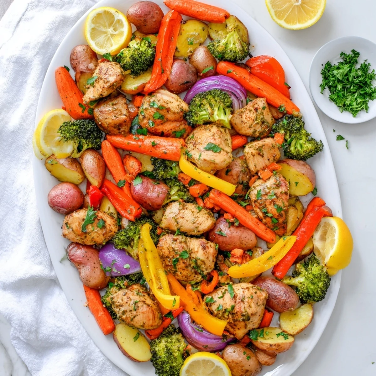 Easy one-pan lemon herb chicken dinner with tender potatoes, peppers, and broccoli florets