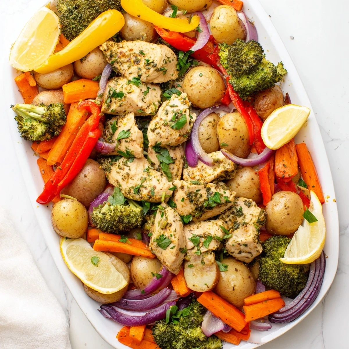 Juicy chicken breasts and vibrant roasted veggies seasoned with zesty lemon and aromatic herbs