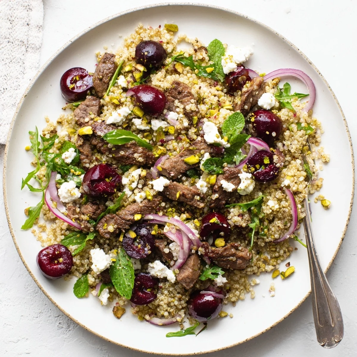 Colorful cherry quinoa salad featuring juicy halved cherries, tender spiced lamb, fresh herbs, and toasted pistachios on a white serving platter