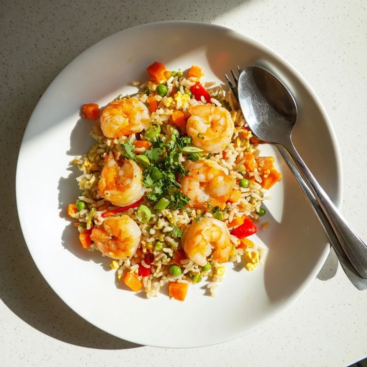 Golden garlic prawns nestled atop colorful sweet chilli fried rice with diced vegetables and fresh herbs
