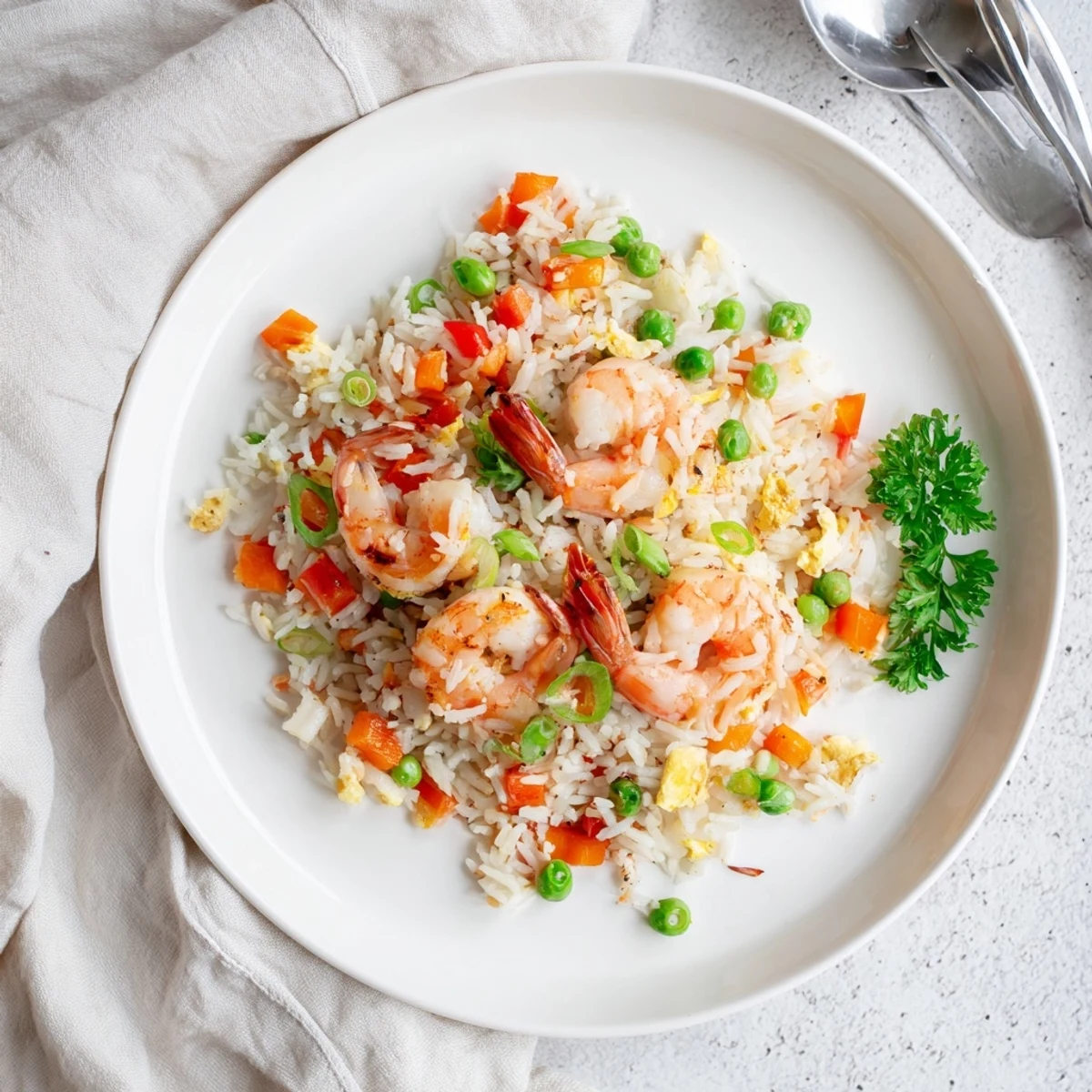 Steaming bowl of Asian fusion fried rice topped with juicy garlic butter prawns and spring onion garnish